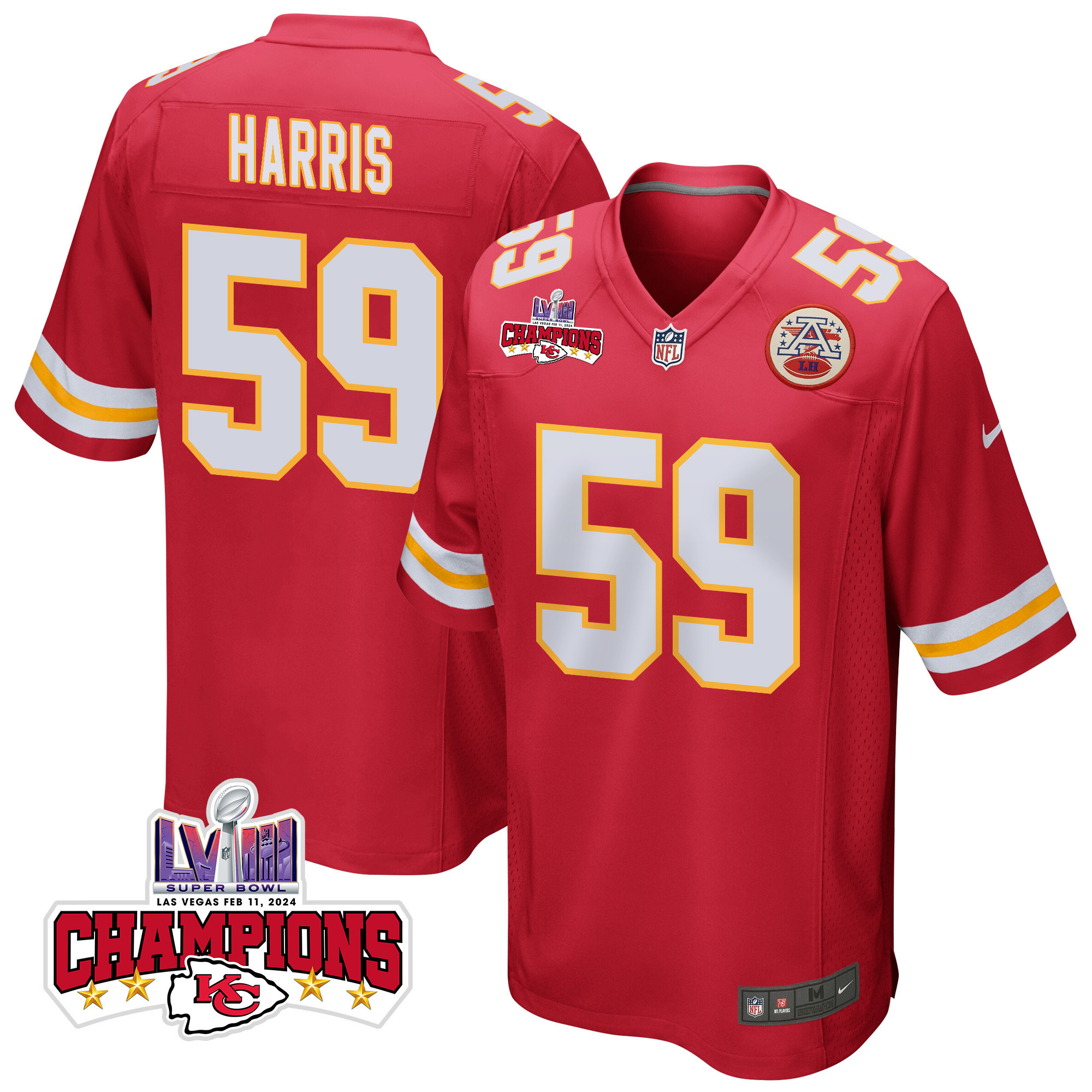 Darius Harris 59 Kansas City Chiefs Super Bowl LVIII Champions 4 Stars Patch Game Men Jersey - Red JS6050 nicesnker