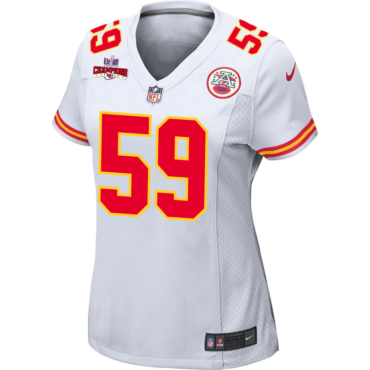 Alternative view of Darius Harris 59 Kansas City Chiefs Super Bowl LVIII Champions 4 Stars Patch Game Women Jersey - White JS5765 nicesnker