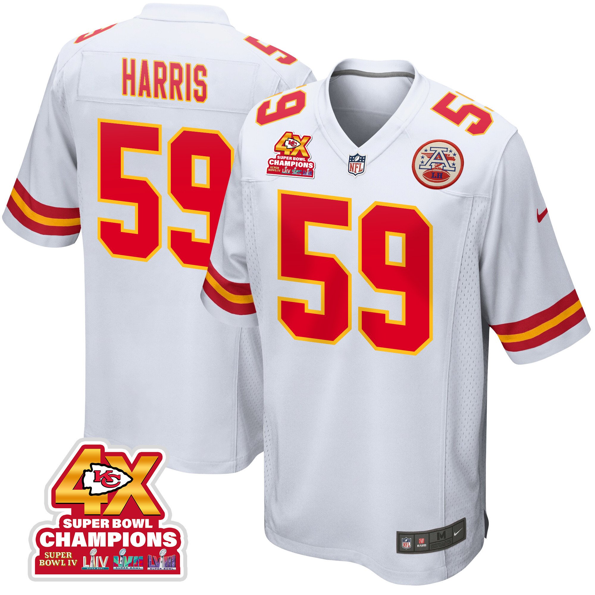 Darius Harris 59 Kansas City Chiefs Super Bowl LVIII Champions 4X Game Men Jersey - White JS1247 nicesnker