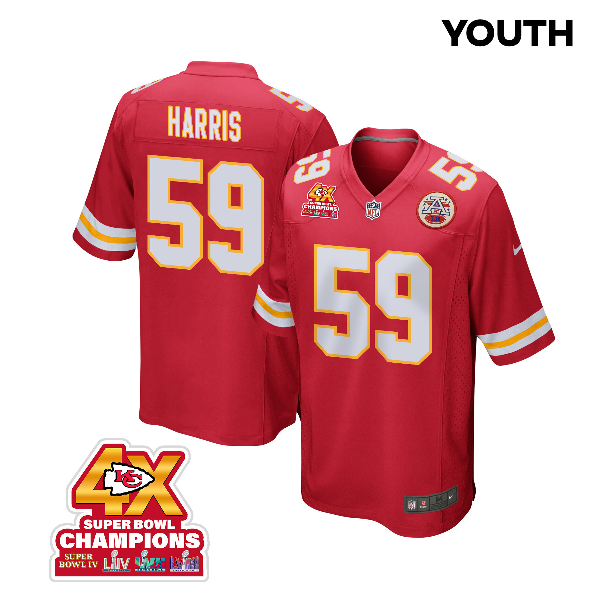 Darius Harris 59 Kansas City Chiefs Super Bowl LVIII Champions 4X Game YOUTH Jersey - Red JS4958 nicesnker