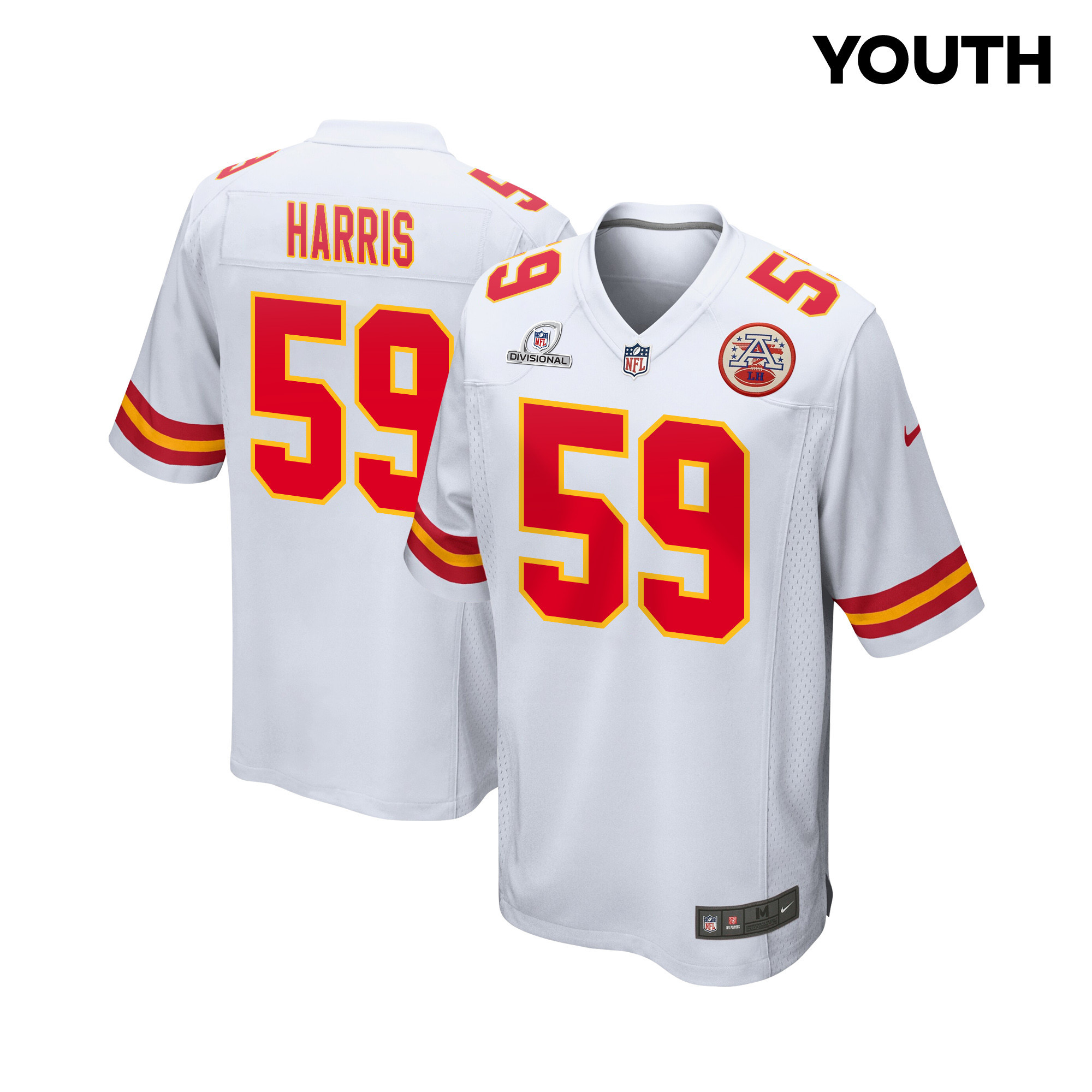 Darius Harris 59 Kansas City Chiefs Super Bowl LVIII Patch Game YOUTH Jersey - White JS5998 nicesnker