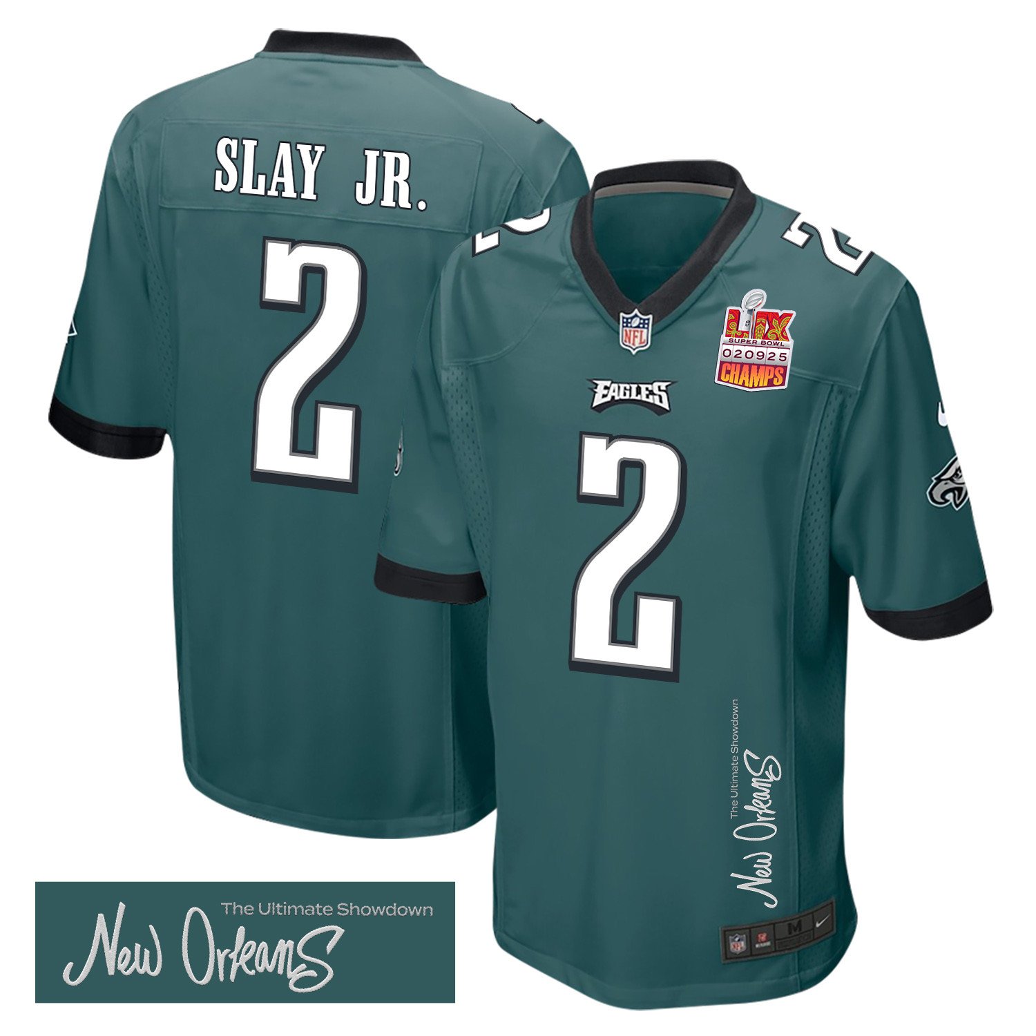 Darius Slay Jr. 2 Philadelphia Eagles Super Bowl LIX Champions Patch 'New Orleans - The Ultimate Showdown' EMBROIDERED Game Men Jersey - Midnight Green JS9358 nicesnker