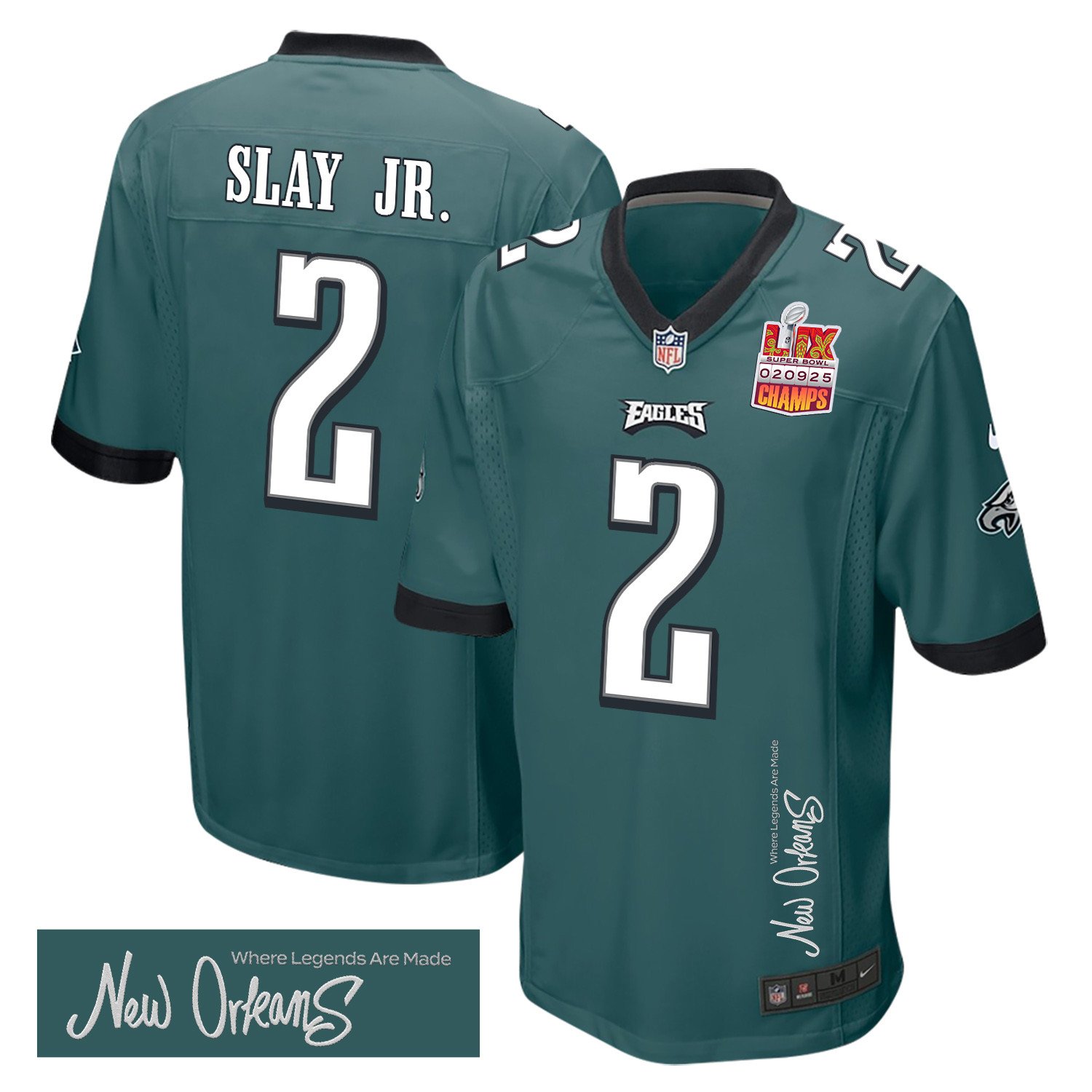 Darius Slay Jr. 2 Philadelphia Eagles Super Bowl LIX Champions Patch 'New Orleans - Where Legends Are Made' EMBROIDERED Game Men Jersey - Midnight Green JS4056 nicesnker