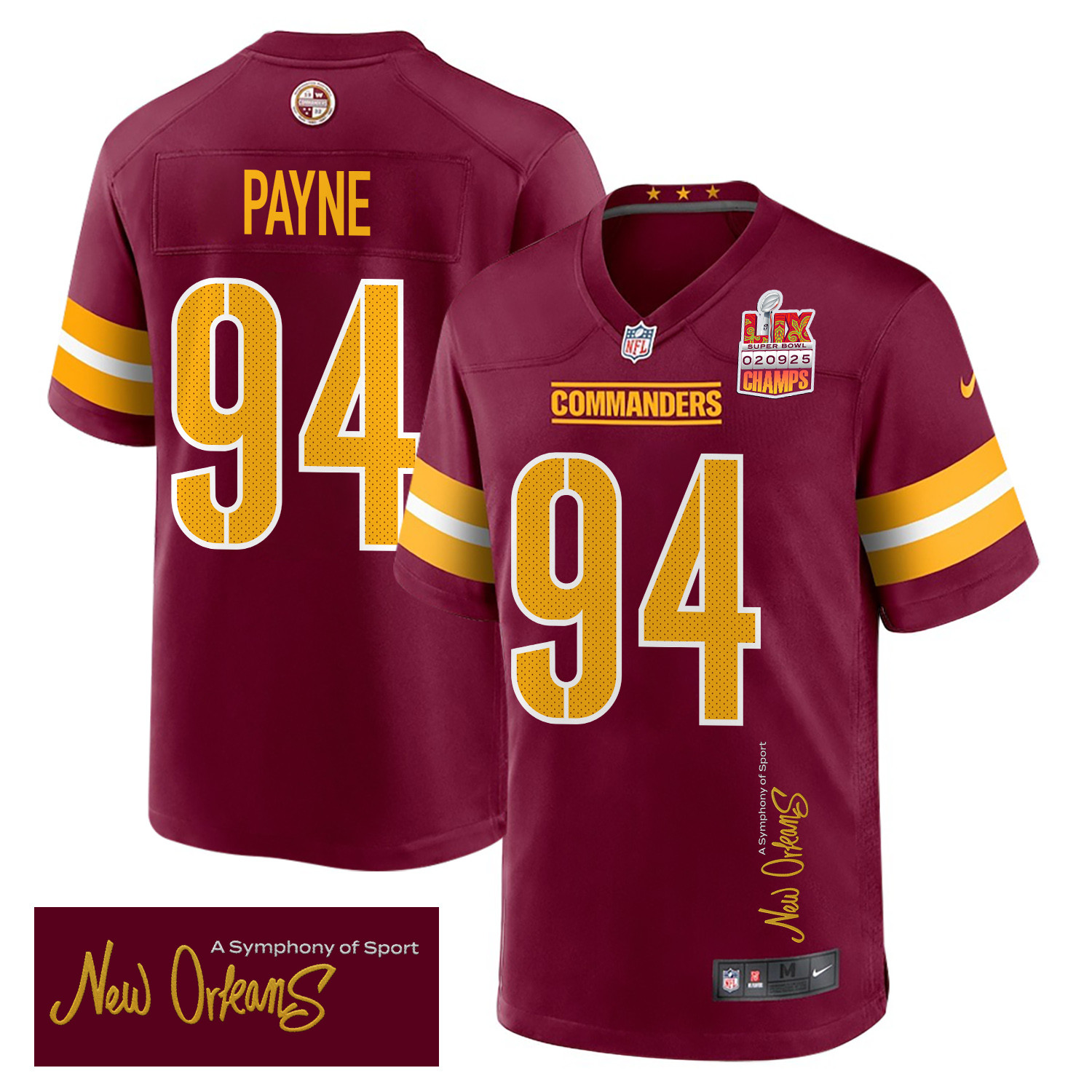 Daron Payne 94 Washington Commanders Super Bowl LIX Champions Patch 'New Orleans - A Symphony of Sport' EMBROIDERED Game Men Jersey - Burgundy JS4677 nicesnker