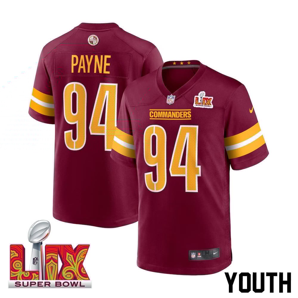 Daron Payne #94 Washington Commanders Super Bowl LIX Youth Jersey - Burgundy JS4254 nicesnker