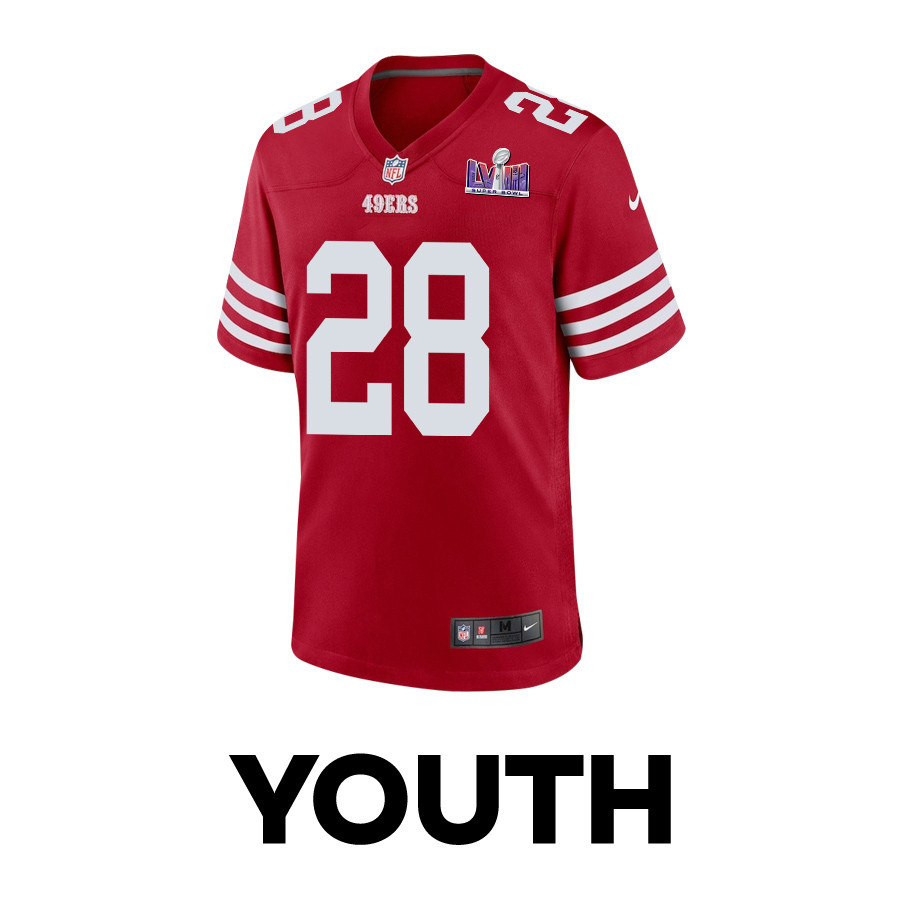 Alternative view of Darrell Luter Jr. 28 San Francisco 49ers Super Bowl LVIII Patch Game YOUTH Jersey - Scarlet JS9677 nicesnker