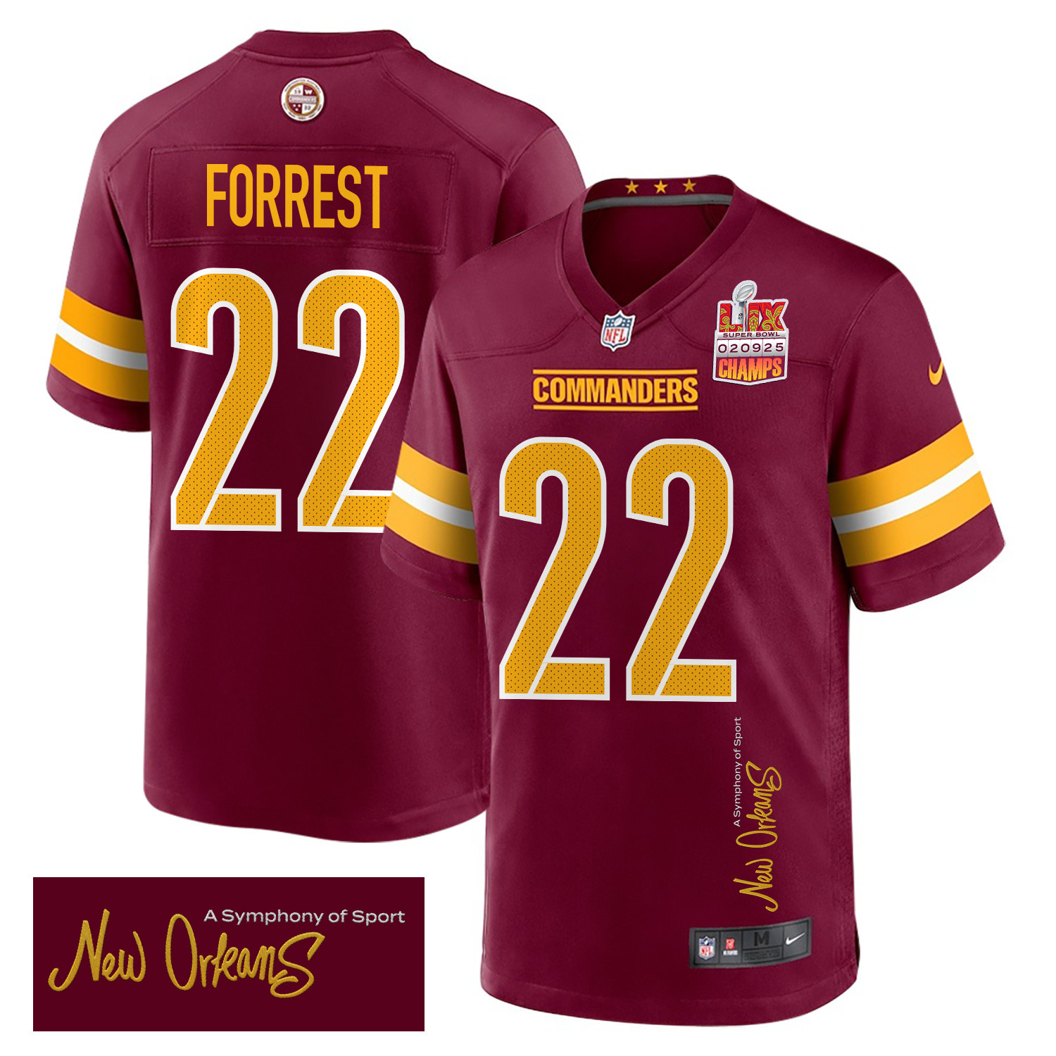 Darrick Forrest 22 Washington Commanders Super Bowl LIX Champions Patch 'New Orleans - A Symphony of Sport' EMBROIDERED Game Men Jersey - Burgundy JS2685 nicesnker