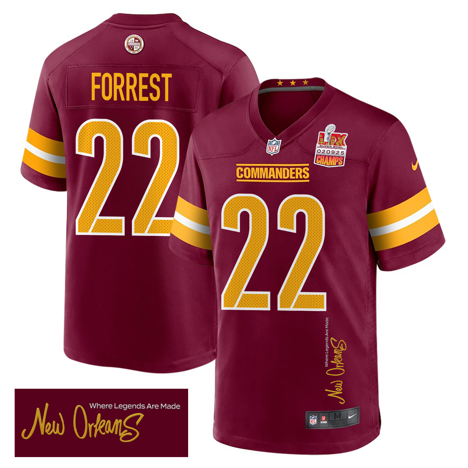 Darrick Forrest 22 Washington Commanders Super Bowl LIX Champions Patch 'New Orleans - Where Legends Are Made' EMBROIDERED Game Men Jersey - Burgundy JS6787 nicesnker