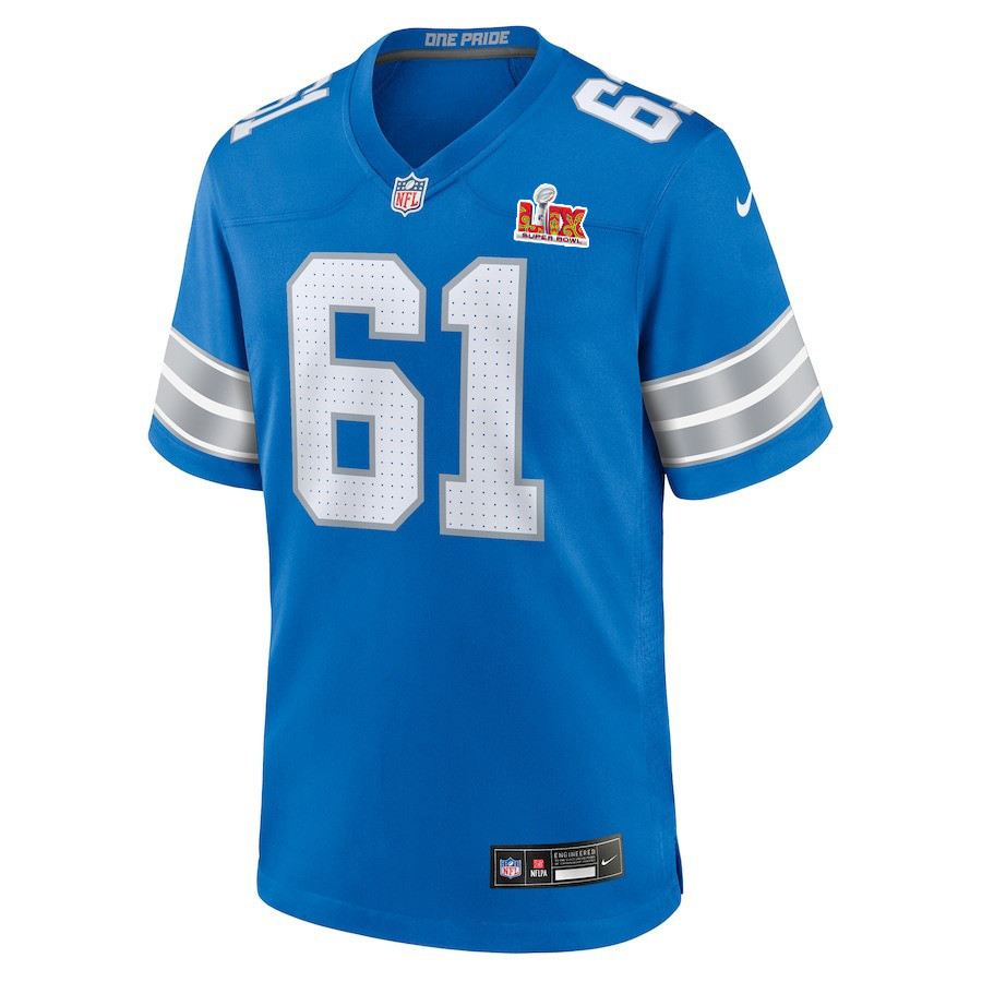 Alternative view of David Bada #61 Detroit Lions Super Bowl LIX Jersey - Men's - Blue JS7745 nicesnker