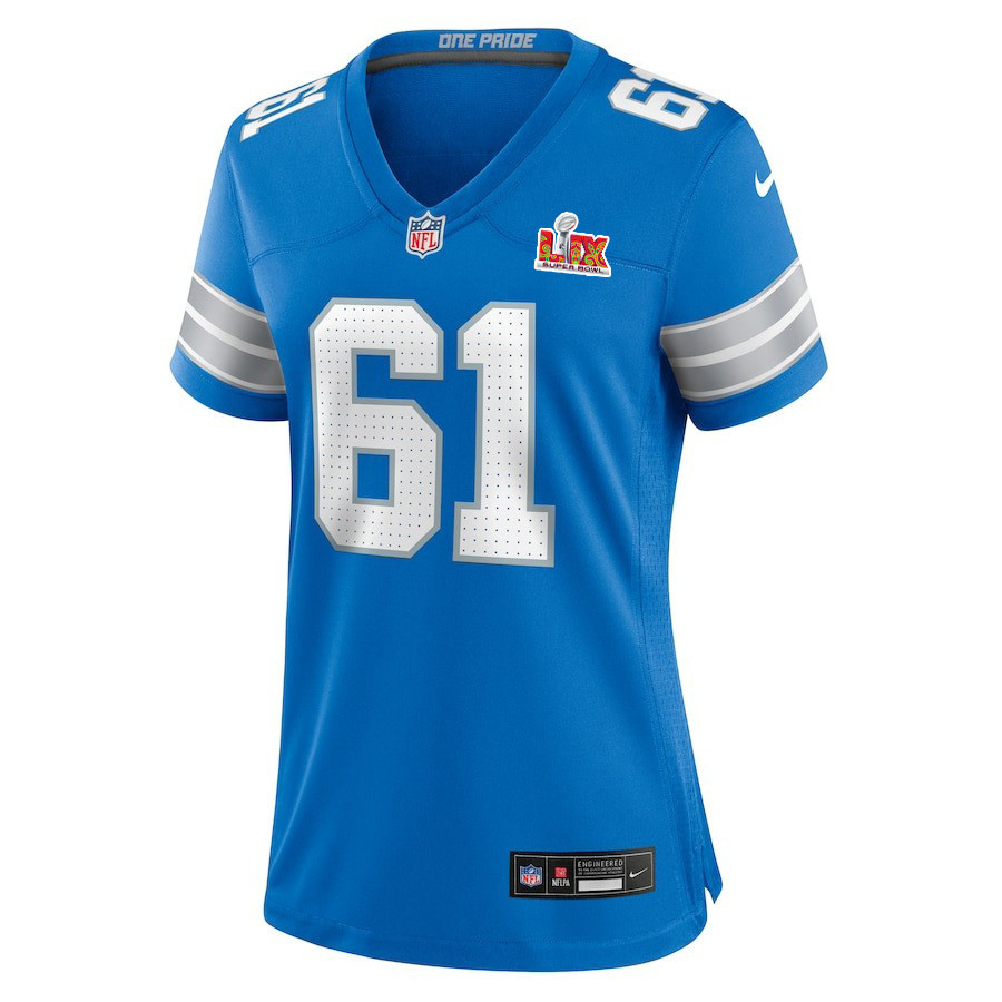 Alternative view of David Bada #61 Detroit Lions Super Bowl LIX Women's Jersey - Blue JS3665 nicesnker