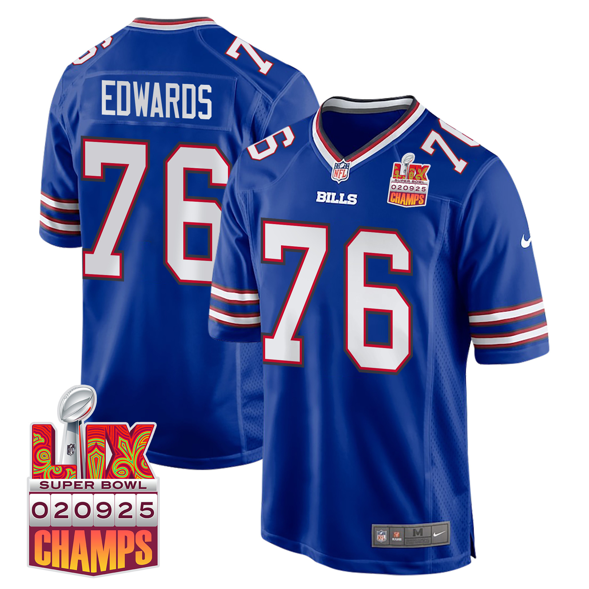 David Edwards 76 Buffalo Bills Super Bowl LIX Champions Patch Game Men Jersey - Royal JS2484 nicesnker