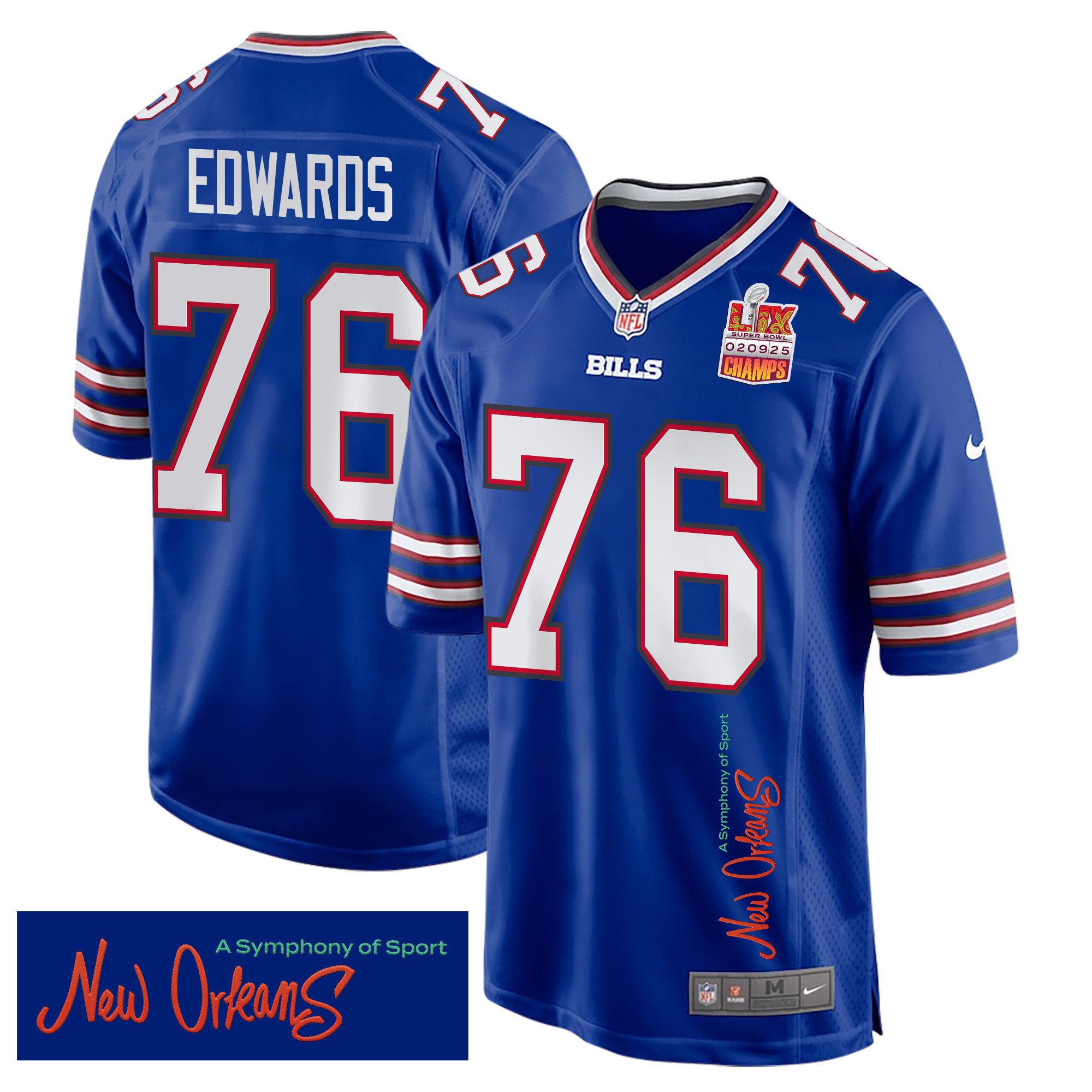 David Edwards 76 Buffalo Bills Super Bowl LIX Champions Patch 'New Orleans - A Symphony of Sport' EMBROIDERED Game Men Jersey - Royal JS4448 nicesnker