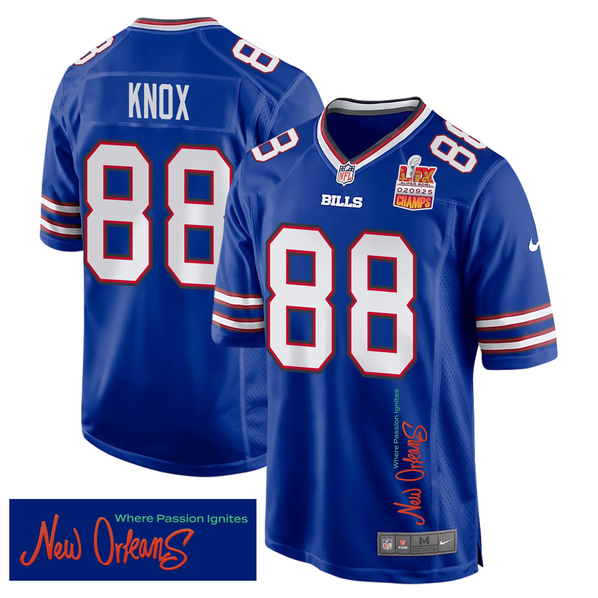 Dawson Knox 88 Buffalo Bills Super Bowl LIX Champions Patch 'New Orleans - Where Passion Ignites' EMBROIDERED Game Men Jersey - Royal JS5915 nicesnker