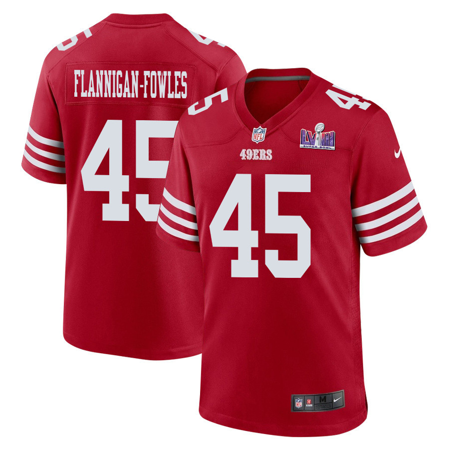 Demetrius Flannigan-Fowles 45 San Francisco 49ers Super Bowl LVIII Patch Game Men Jersey - Scarlet JS9271 nicesnker
