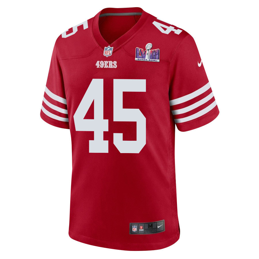 Alternative view of Demetrius Flannigan-Fowles 45 San Francisco 49ers Super Bowl LVIII Patch Game Men Jersey - Scarlet JS9271 nicesnker