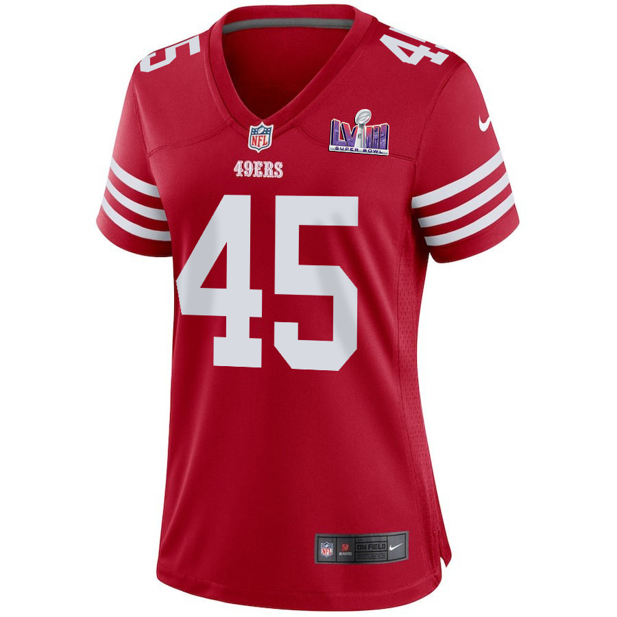 Alternative view of Demetrius Flannigan-Fowles 45 San Francisco 49ers Super Bowl LVIII Patch Game Women Jersey - Scarlet JS8152 nicesnker