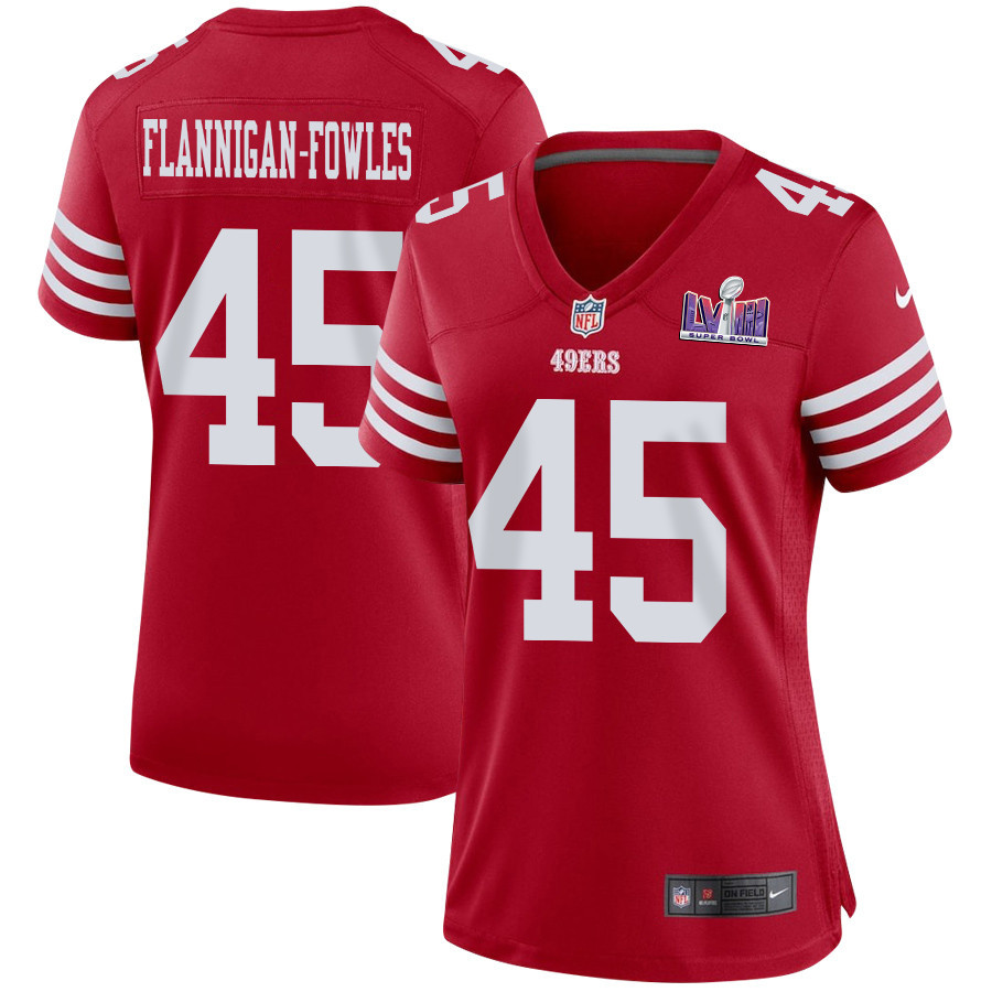 Demetrius Flannigan-Fowles 45 San Francisco 49ers Super Bowl LVIII Patch Game Women Jersey - Scarlet JS8152 nicesnker