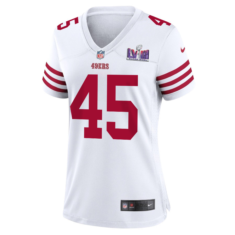 Alternative view of Demetrius Flannigan-Fowles 45 San Francisco 49ers Super Bowl LVIII Patch Game Women Jersey - White JS8880 nicesnker