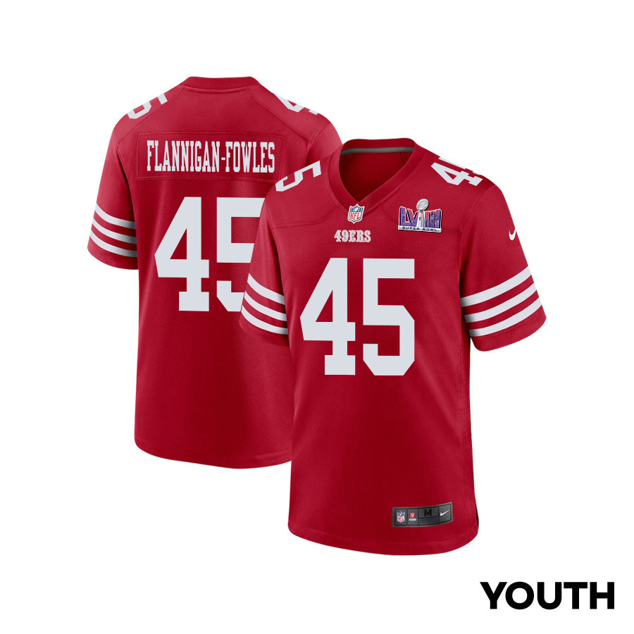 Demetrius Flannigan-Fowles 45 San Francisco 49ers Super Bowl LVIII Patch Game YOUTH Jersey - Scarlet JS3630 nicesnker