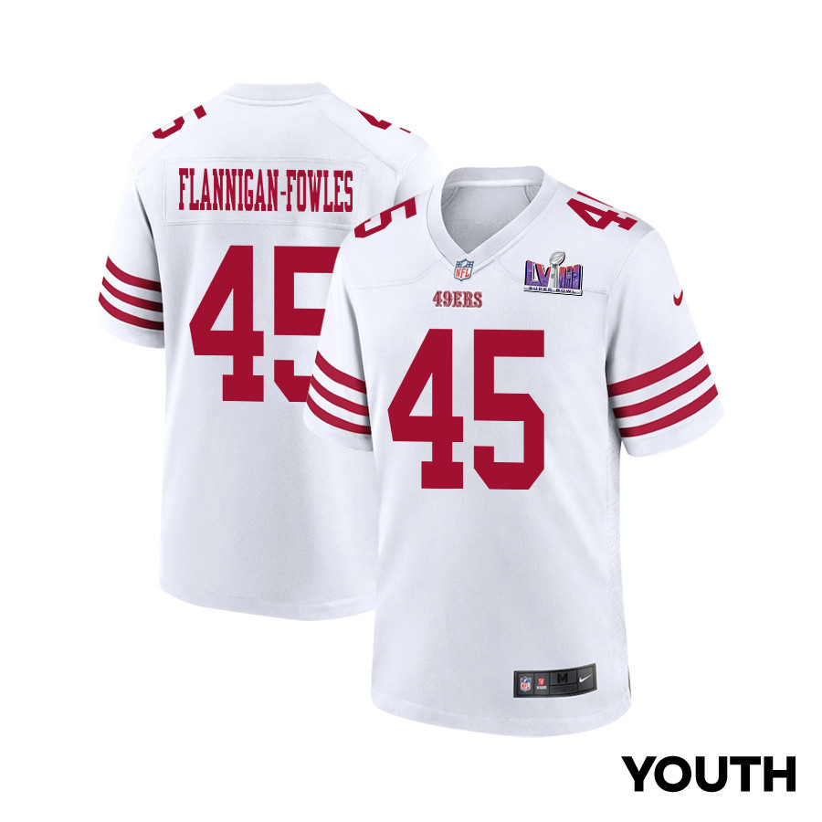 Demetrius Flannigan-Fowles 45 San Francisco 49ers Super Bowl LVIII Patch Game YOUTH Jersey - White JS6330 nicesnker