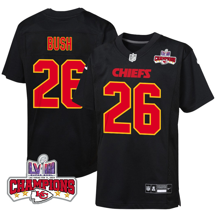 Deon Bush 26 Kansas City Chiefs Super Bowl LVIII Champions 4 Stars Patch Fashion Game YOUTH Jersey - Carbon Black JS1401 nicesnker