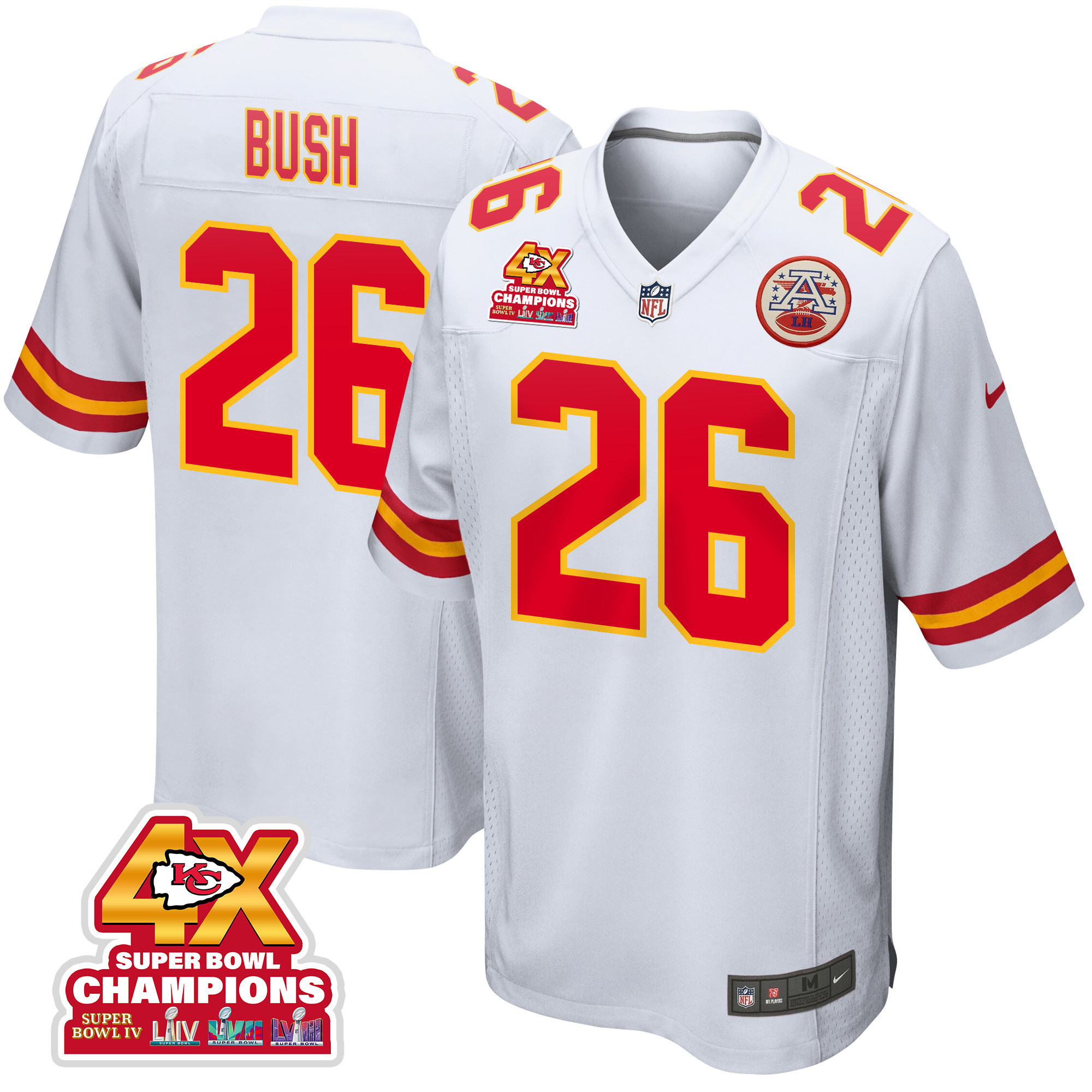 Deon Bush 26 Kansas City Chiefs Super Bowl LVIII Champions 4X Game Men Jersey - White JS3827 nicesnker