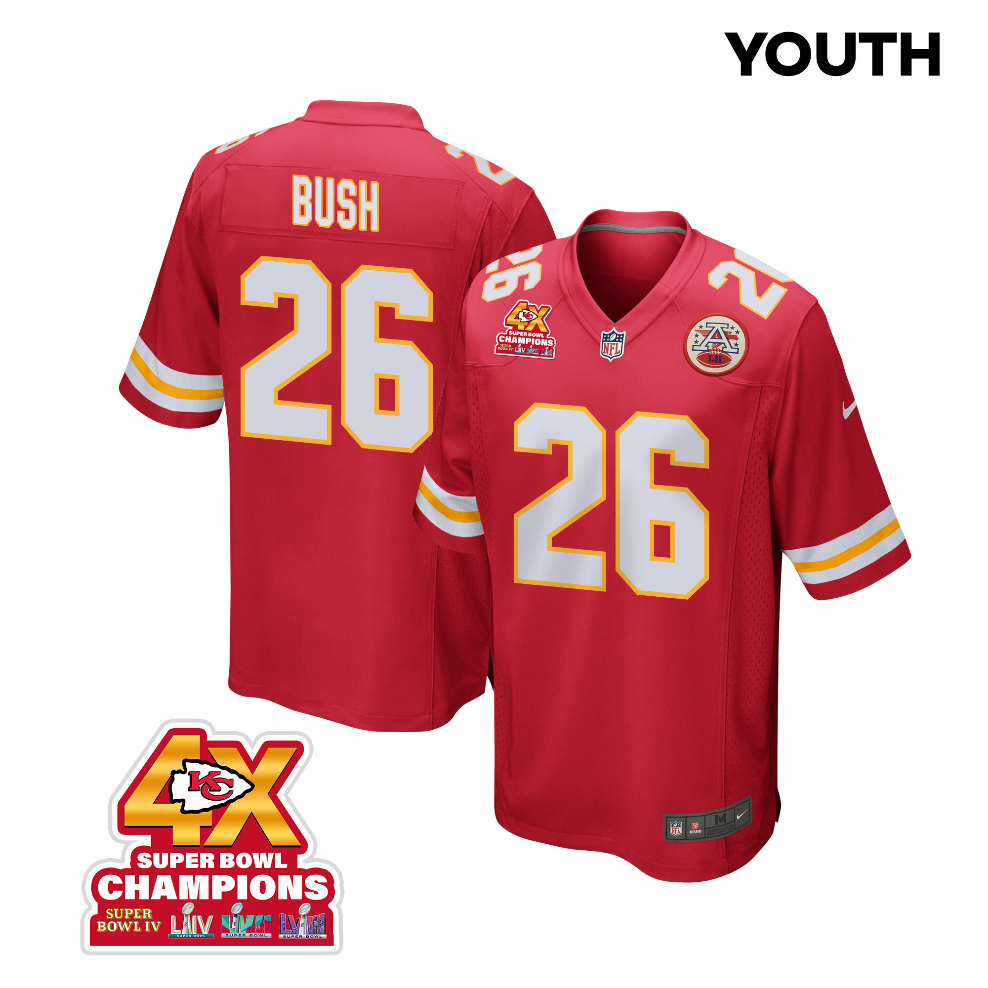 Deon Bush 26 Kansas City Chiefs Super Bowl LVIII Champions 4X Game YOUTH Jersey - Red JS7965 nicesnker