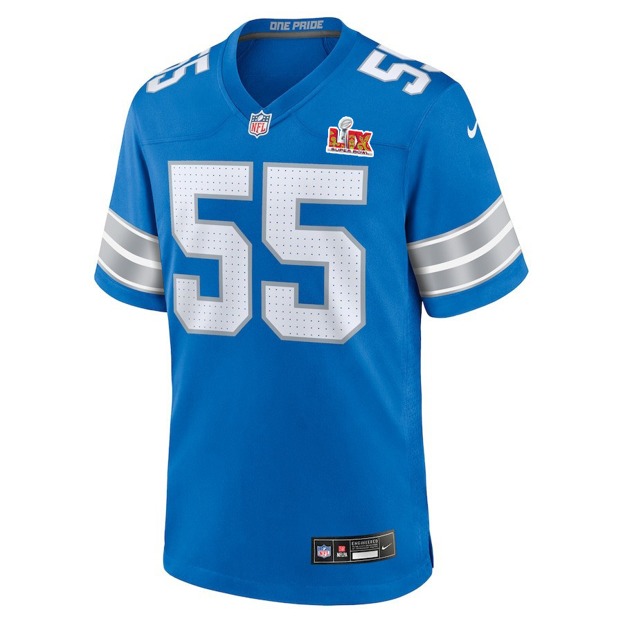 Alternative view of Derrick Barnes #55 Detroit Lions Super Bowl LIX Jersey - Men's - Blue JS5090 nicesnker