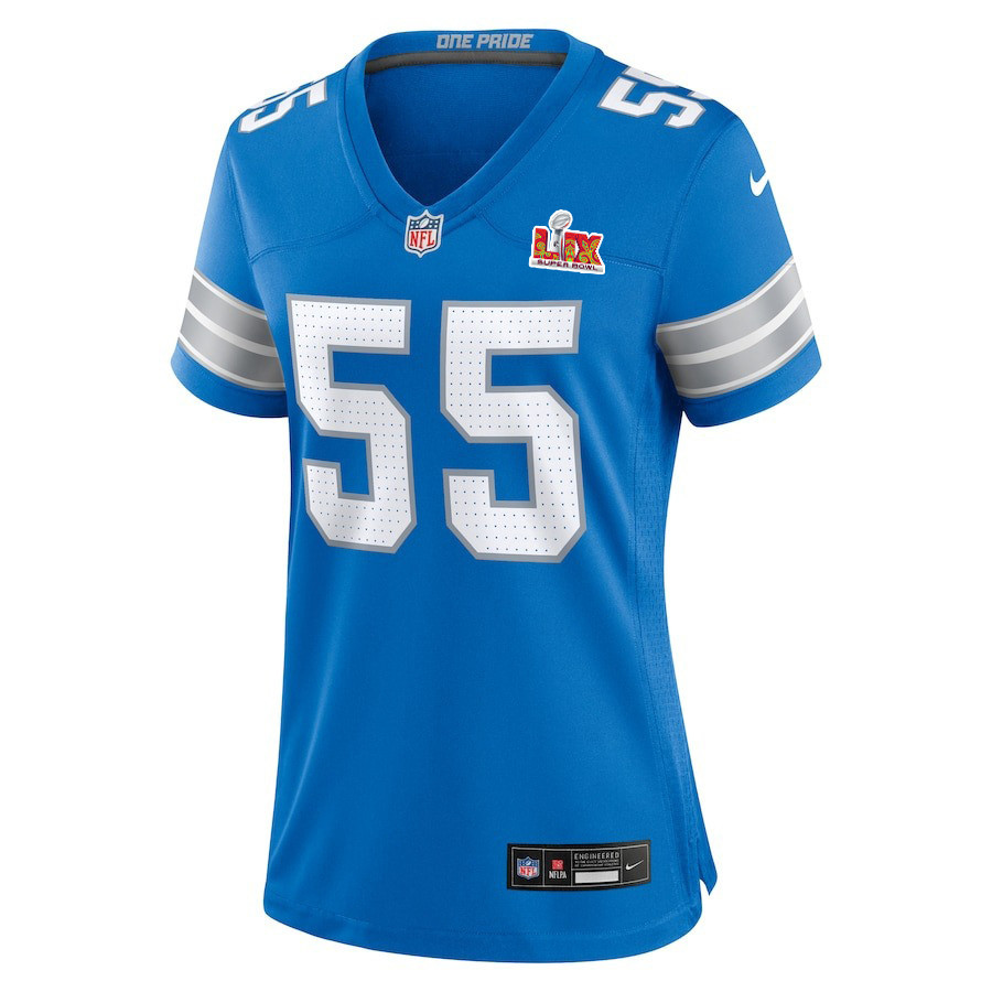 Alternative view of Derrick Barnes #55 Detroit Lions Super Bowl LIX Women's Jersey - Blue JS9500 nicesnker