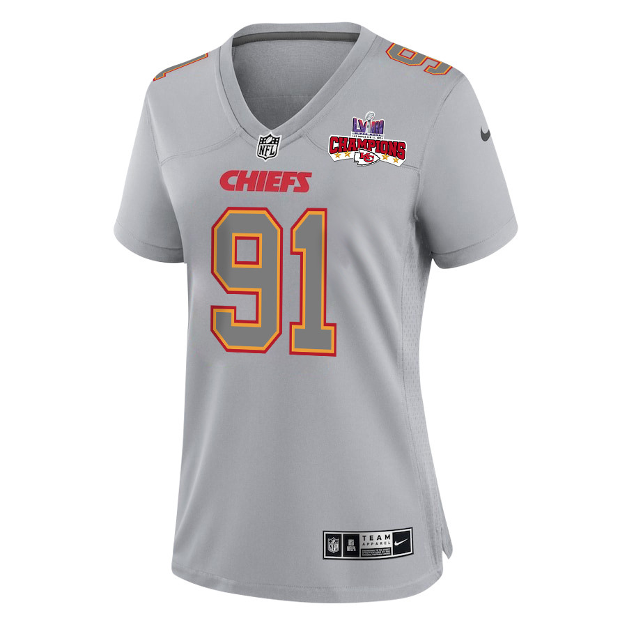 Alternative view of Derrick Nnadi 91 Kansas City Chiefs Super Bowl LVIII Champions 4 Stars Patch Atmosphere Fashion Game Women Jersey - Gray JS7036 nicesnker