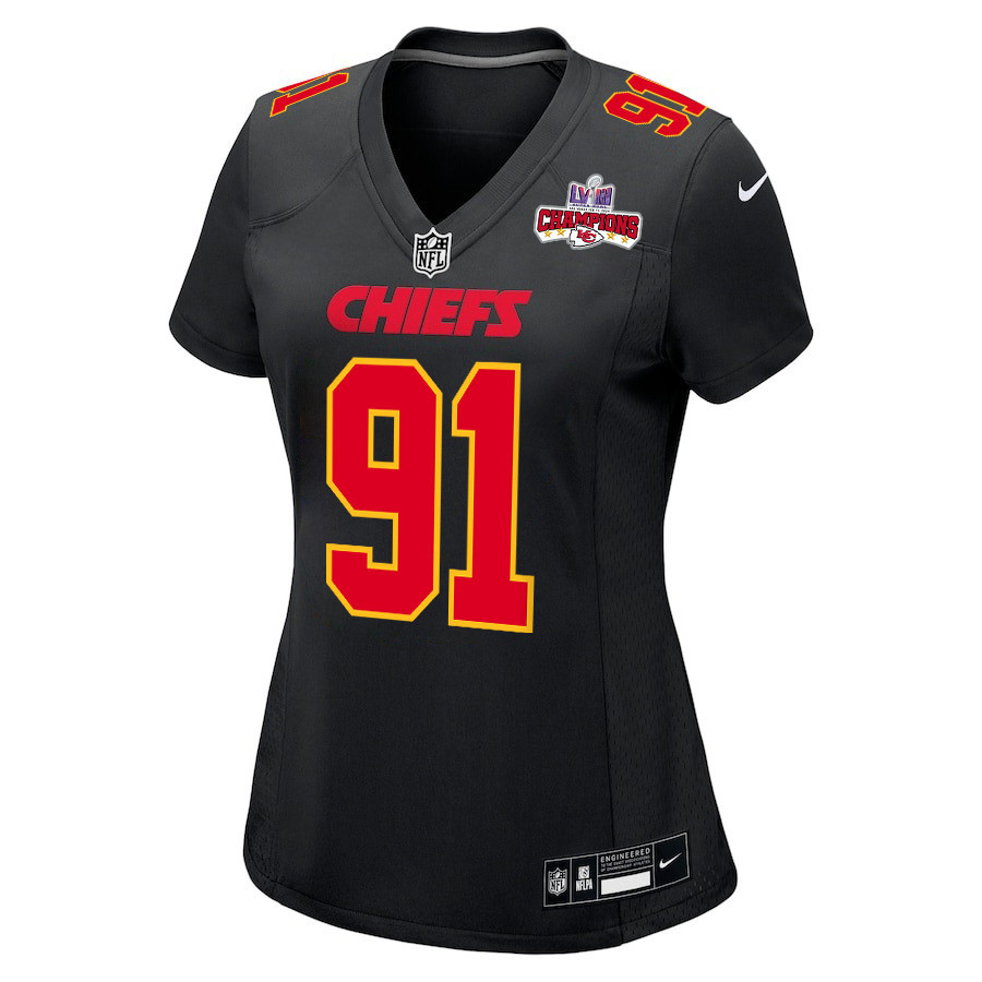 Alternative view of Derrick Nnadi 91 Kansas City Chiefs Super Bowl LVIII Champions 4 Stars Patch Fashion Game Women Jersey - Carbon Black JS9359 nicesnker