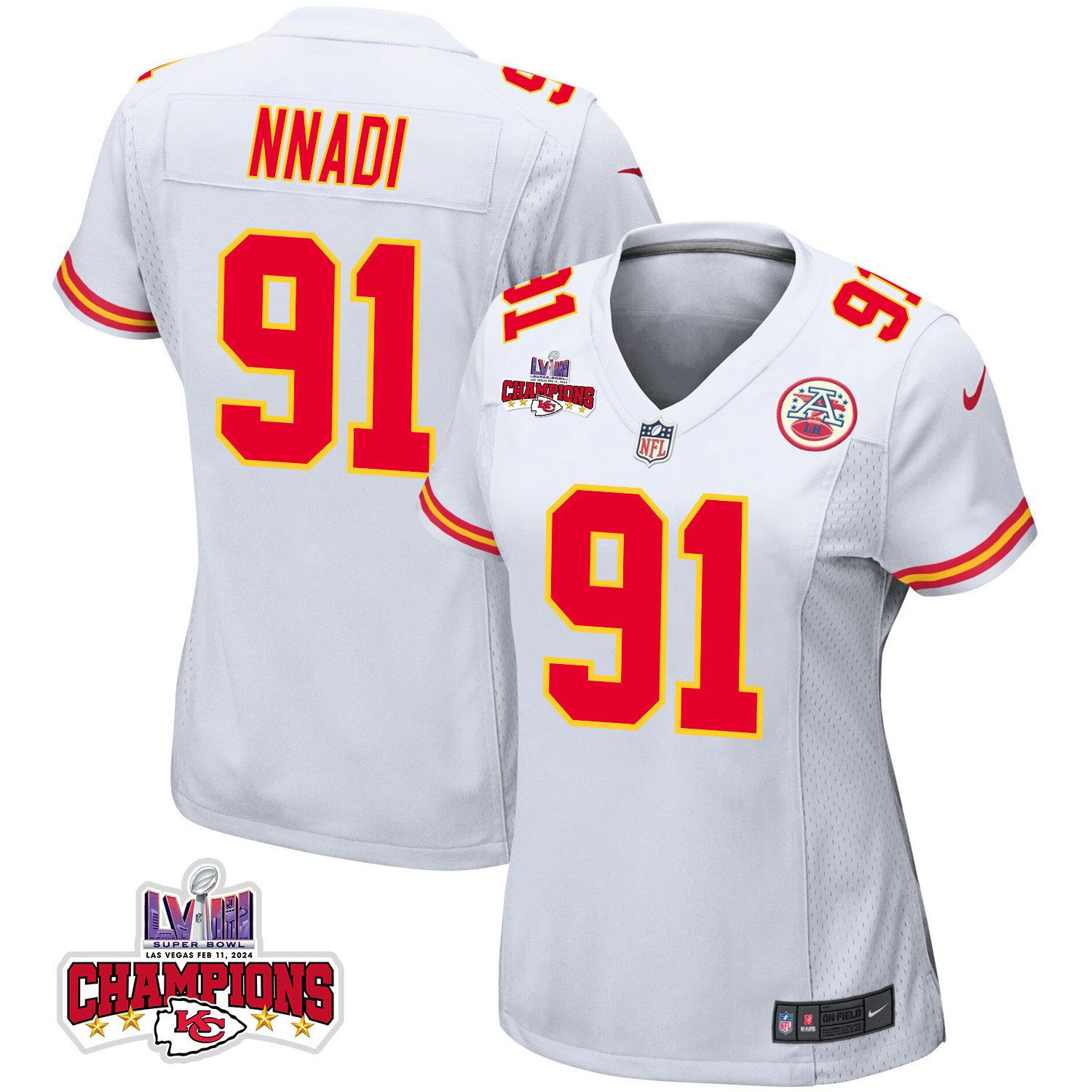 Derrick Nnadi 91 Kansas City Chiefs Super Bowl LVIII Champions 4 Stars Patch Game Women Jersey - White JS6525 nicesnker