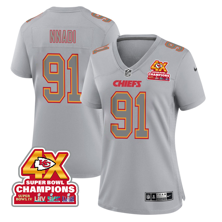 Derrick Nnadi 91 Kansas City Chiefs Super Bowl LVIII Champions 4X Atmosphere Fashion Game Women Jersey - Gray JS6715 nicesnker