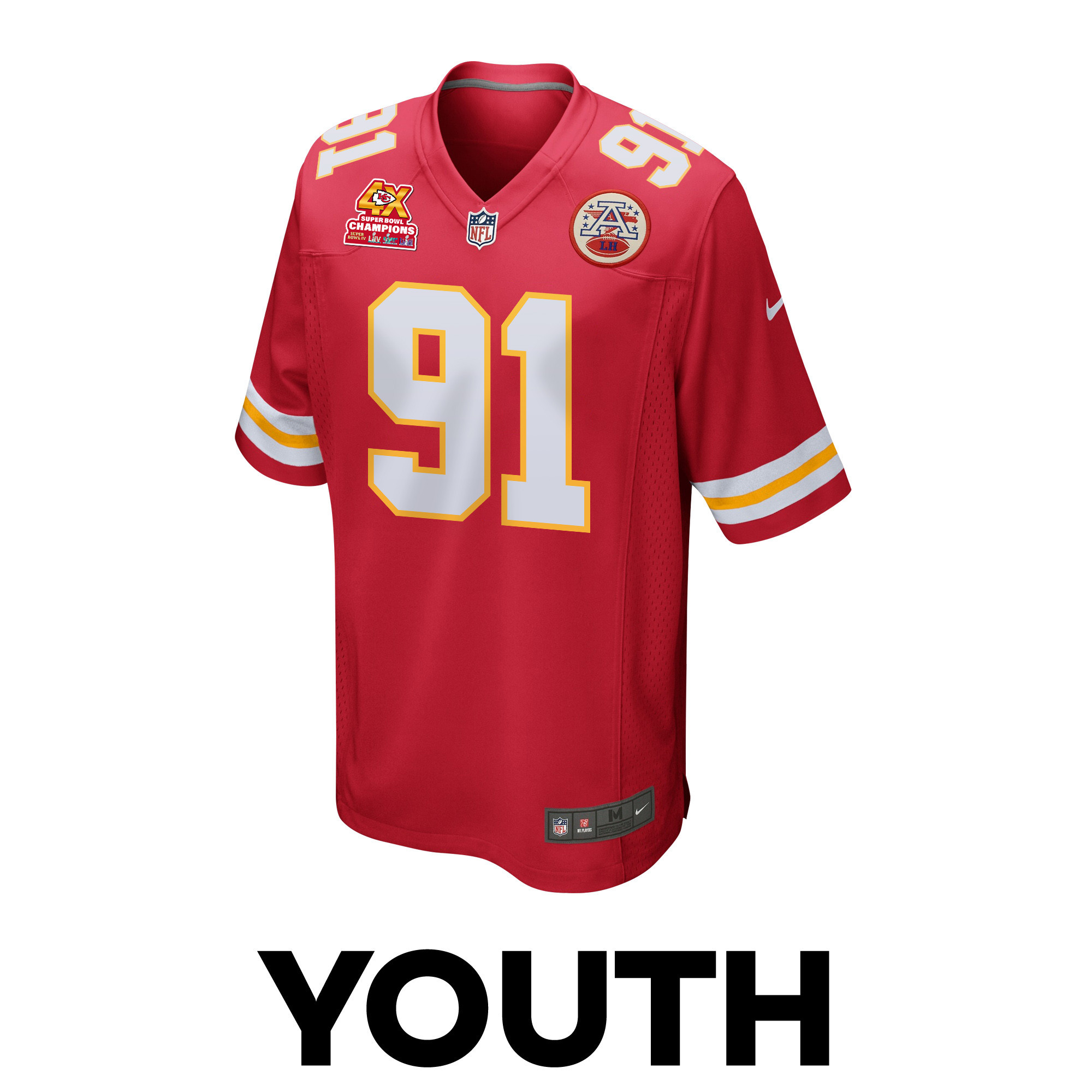 Alternative view of Derrick Nnadi 91 Kansas City Chiefs Super Bowl LVIII Champions 4X Game YOUTH Jersey - Red JS5897 nicesnker