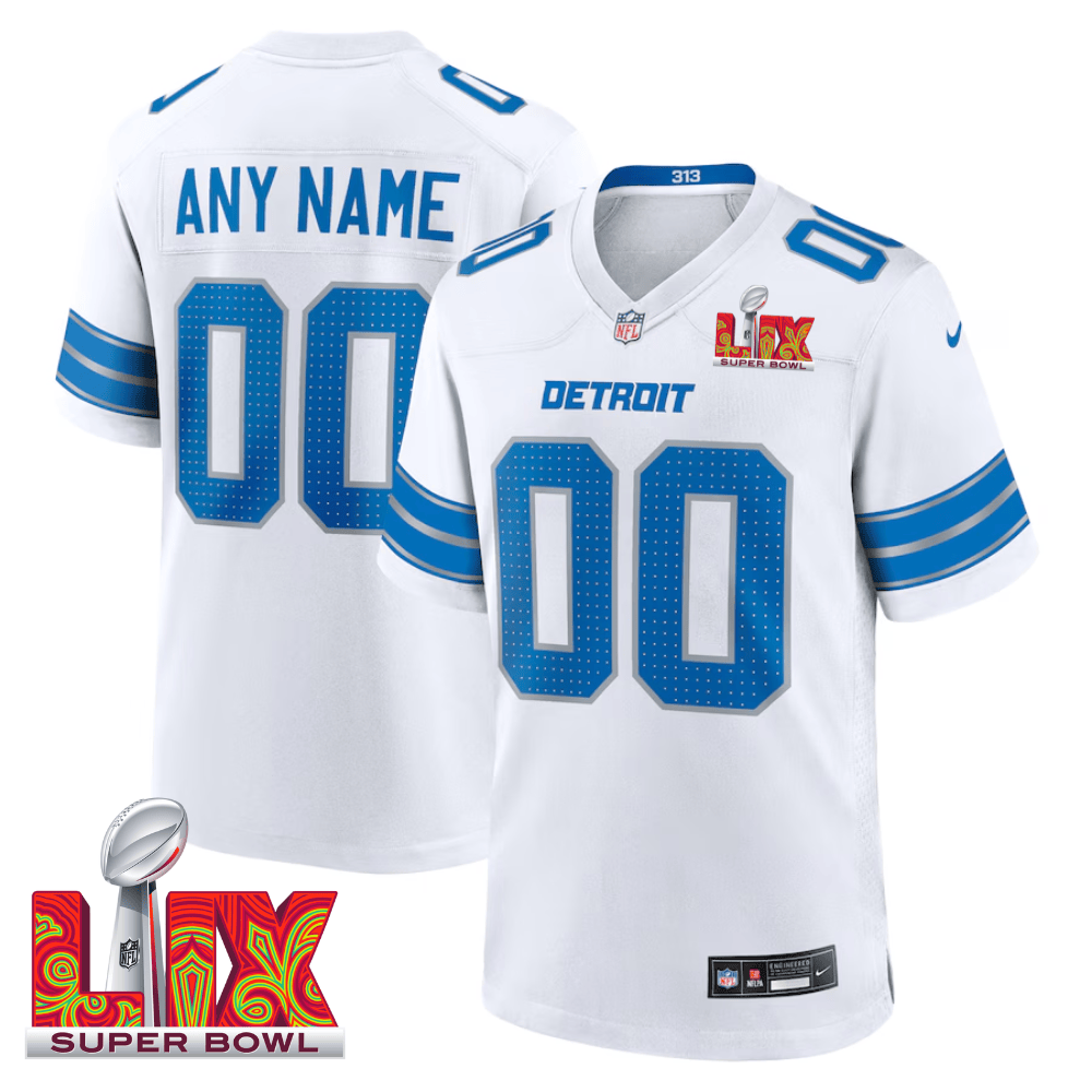 Detroit Lions Super Bowl LIX Patch Game Men Custom Jersey - White JS5679 nicesnker