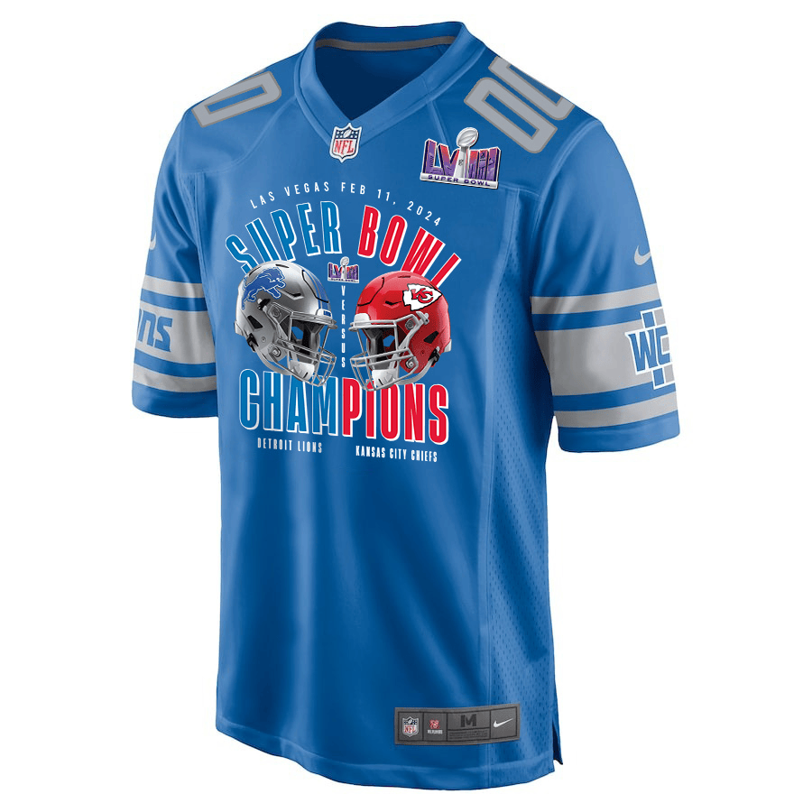 Alternative view of Detroit Lions vs. Kansas City Chiefs Super Bowl LVIII Matchup Game Custom Men Jersey - Blue JS8041 nicesnker