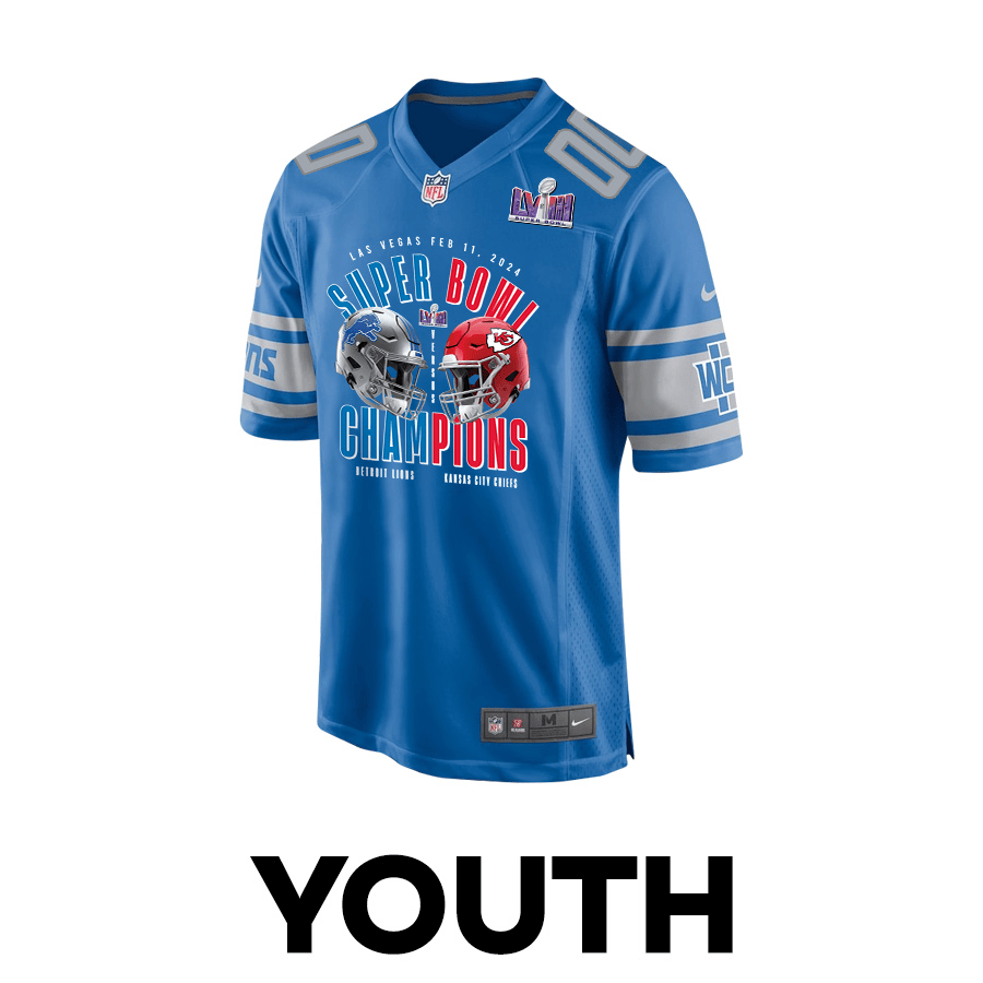 Alternative view of Detroit Lions vs. Kansas City Chiefs Super Bowl LVIII Matchup Game Custom YOUTH Jersey - Blue JS2854 nicesnker