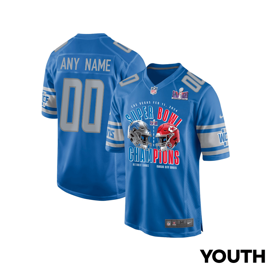 Detroit Lions vs. Kansas City Chiefs Super Bowl LVIII Matchup Game Custom YOUTH Jersey - Blue JS2854 nicesnker