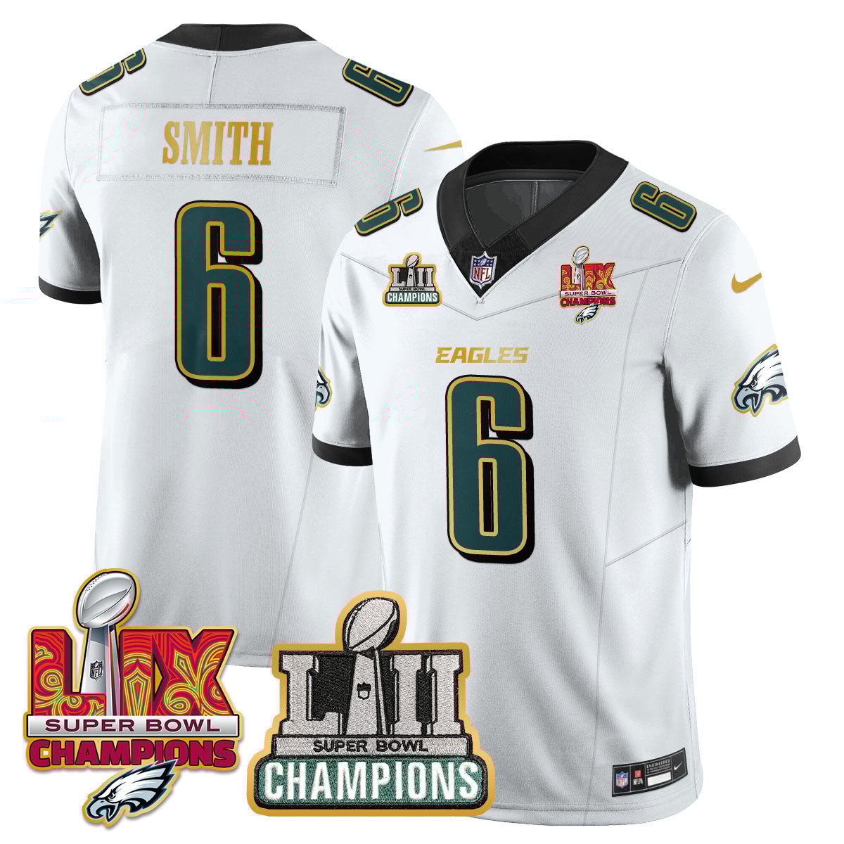 DeVonta Smith 6 Philadelphia Eagles LII-LIX Super Bowl Champions Vapor Limited Gold Jersey - White JS1796 nicesnker