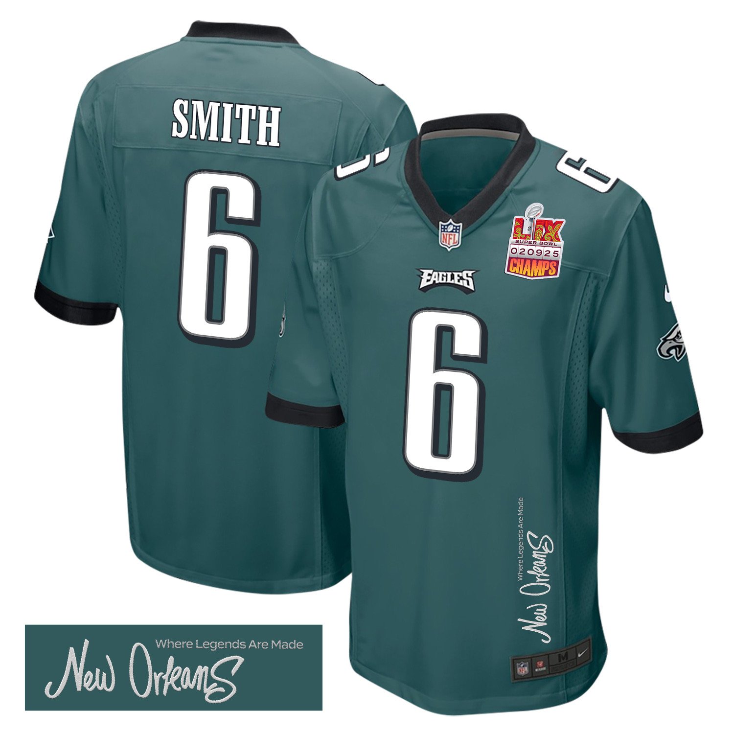 DeVonta Smith 6 Philadelphia Eagles Super Bowl LIX Champions Patch 'New Orleans - Where Legends Are Made' EMBROIDERED Game Men Jersey - Midnight Green JS6270 nicesnker