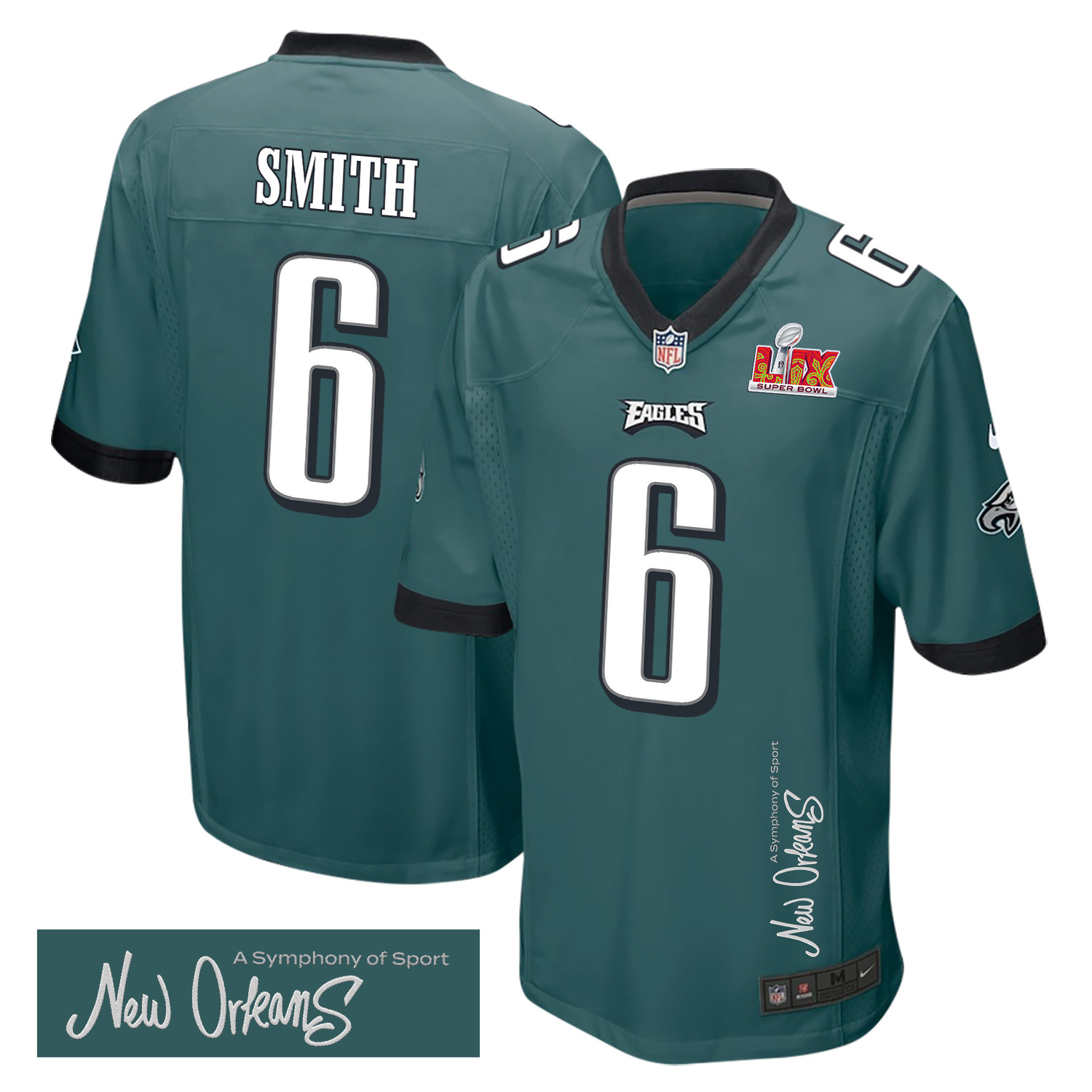 DeVonta Smith 6 Philadelphia Eagles Super Bowl LIX 'New Orleans - A Symphony of Sport' EMBROIDERED Game Men Jersey - Midnight Green JS3114 nicesnker