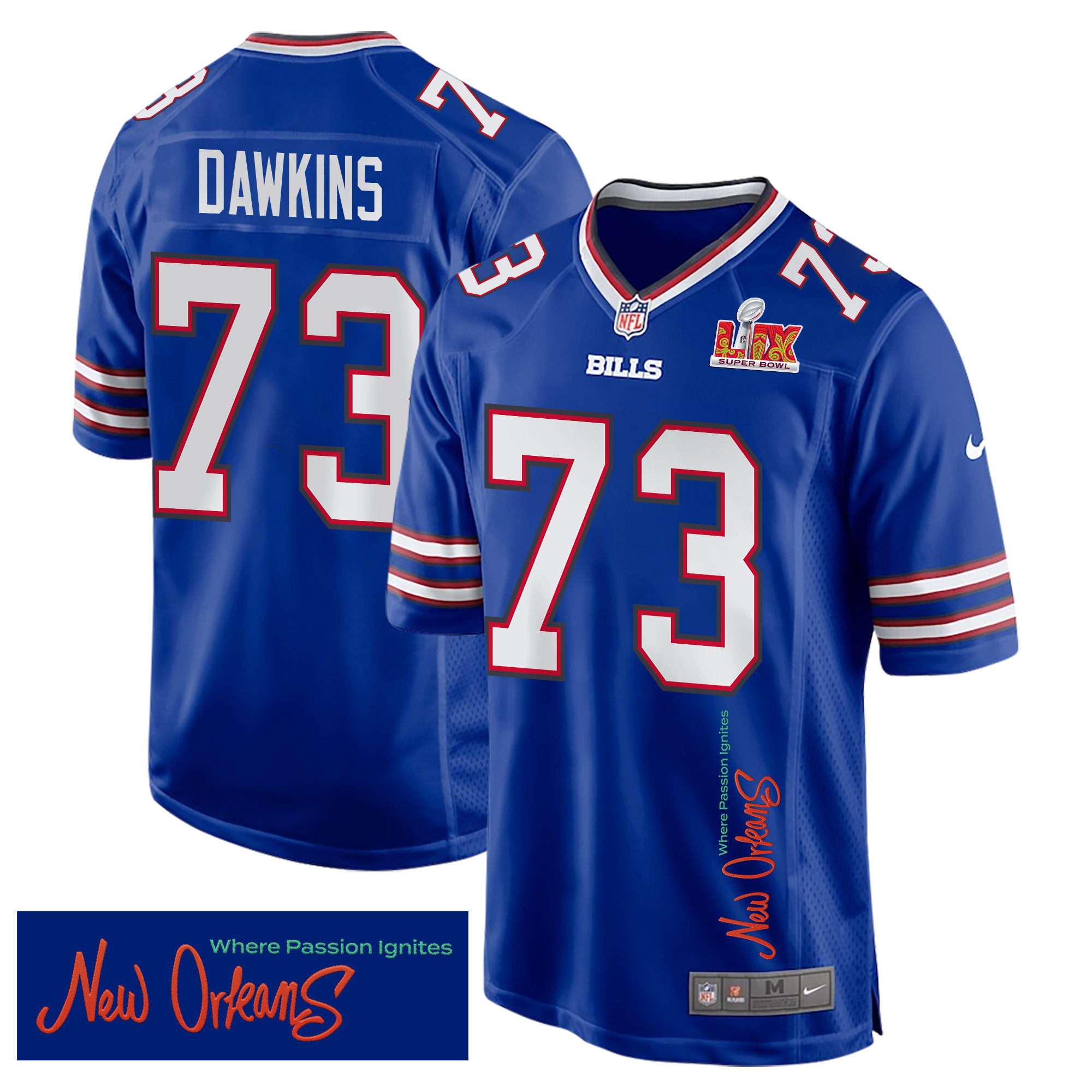 Dion Dawkins 73 Buffalo Bills Super Bowl LIX 'New Orleans - Where Passion Ignites' EMBROIDERED Game Men Jersey - Royal JS5000 nicesnker