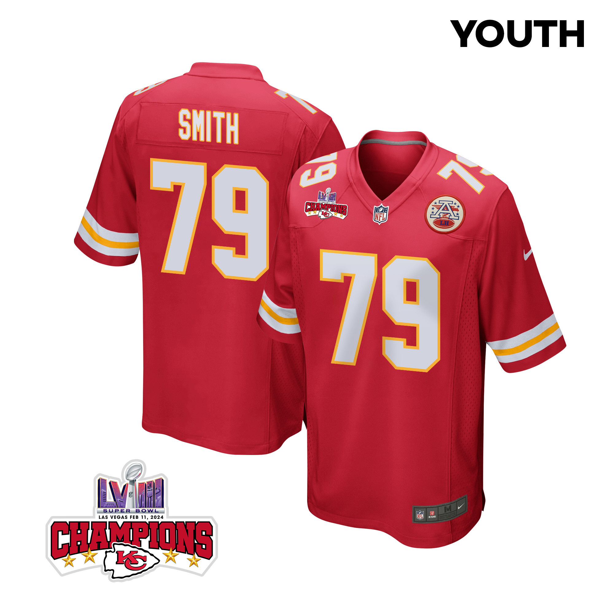 Donovan Smith 79 Kansas City Chiefs Super Bowl LVIII Champions 4 Stars Patch Game YOUTH Jersey - Red JS8635 nicesnker