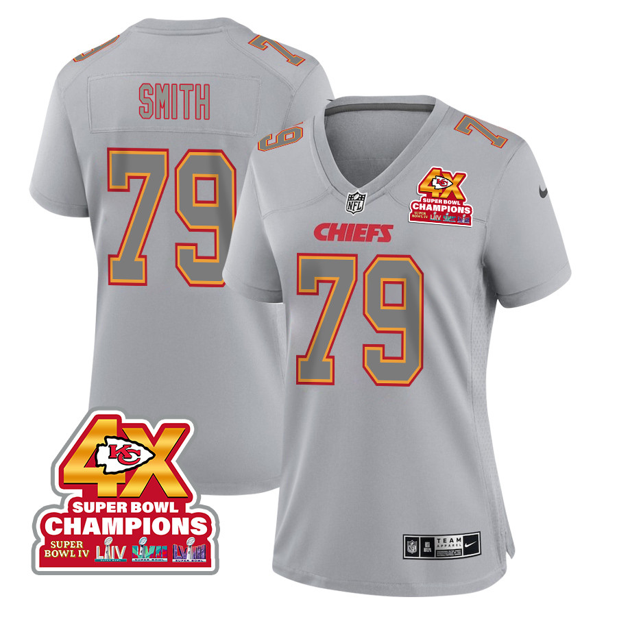 Donovan Smith 79 Kansas City Chiefs Super Bowl LVIII Champions 4X Atmosphere Fashion Game Women Jersey - Gray JS9076 nicesnker
