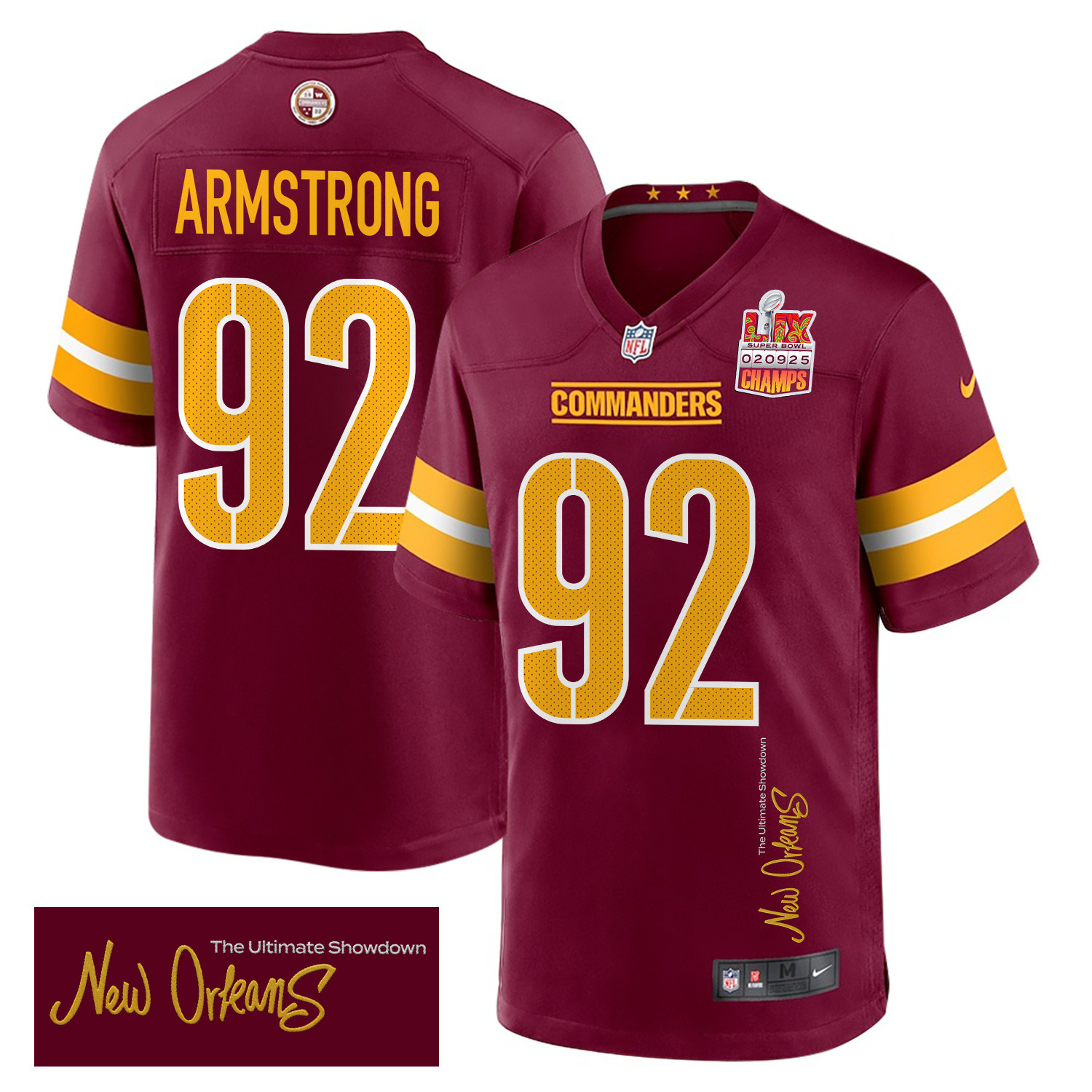 Dorance Armstrong 92 Washington Commanders Super Bowl LIX Champions Patch 'New Orleans - The Ultimate Showdown' EMBROIDERED Game Men Jersey - Burgundy JS3919 nicesnker