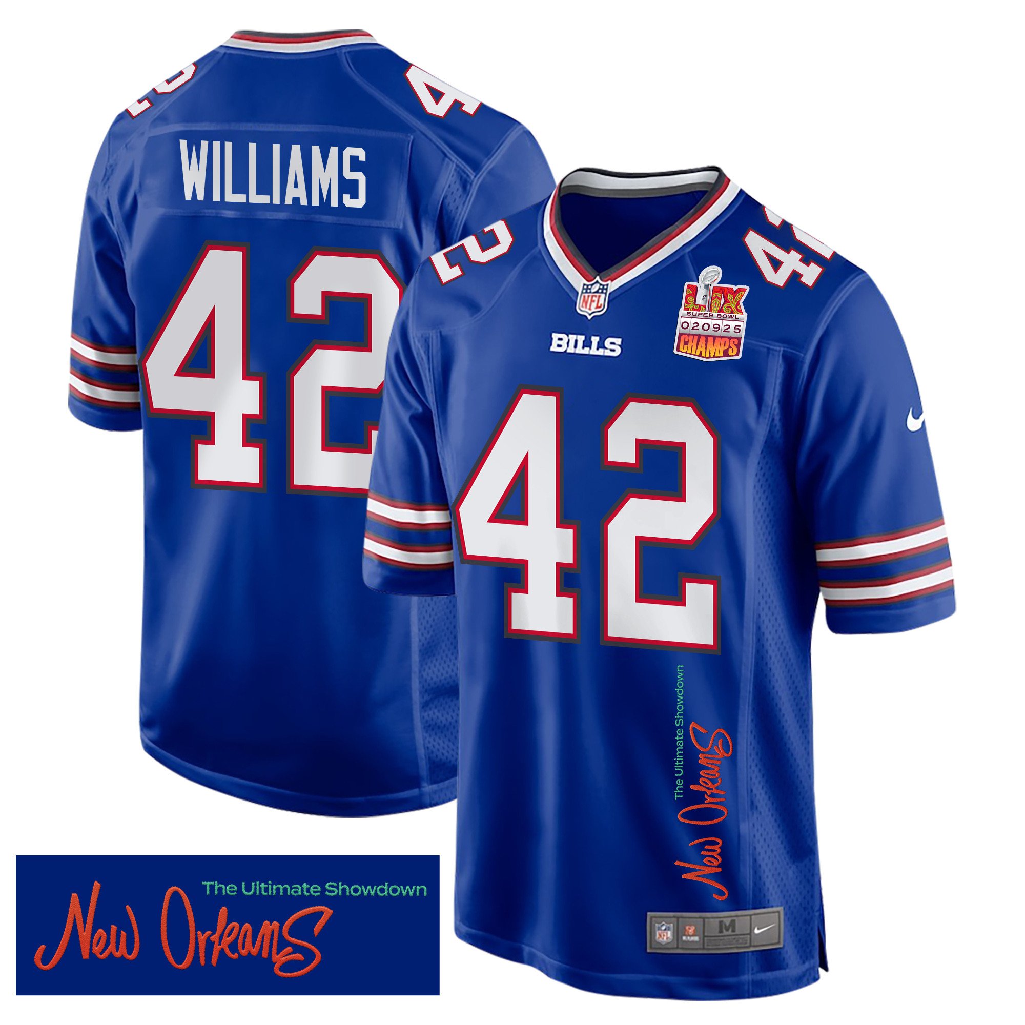 Dorian Williams 42 Buffalo Bills Super Bowl LIX Champions Patch 'New Orleans - The Ultimate Showdown' EMBROIDERED Game Men Jersey - Royal JS9081 nicesnker
