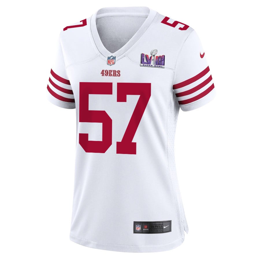 Alternative view of Dre Greenlaw 57 San Francisco 49ers Super Bowl LVIII Patch Game Women Jersey - White JS7198 nicesnker