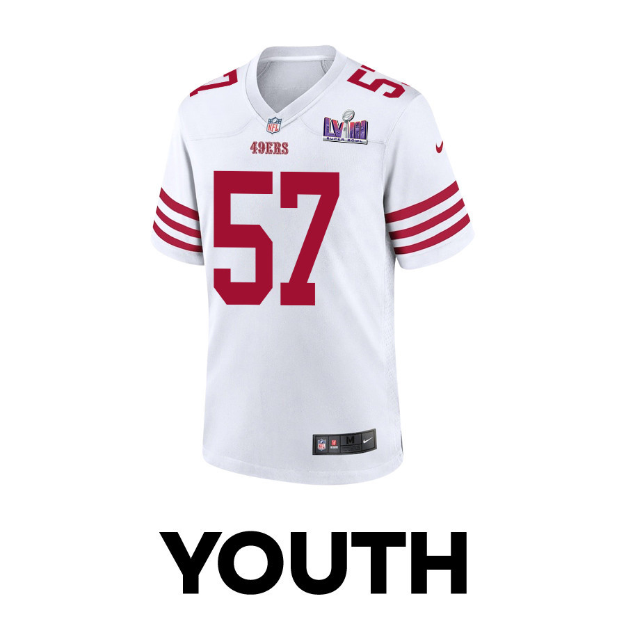 Alternative view of Dre Greenlaw 57 San Francisco 49ers Super Bowl LVIII Patch Game YOUTH Jersey - White JS7342 nicesnker