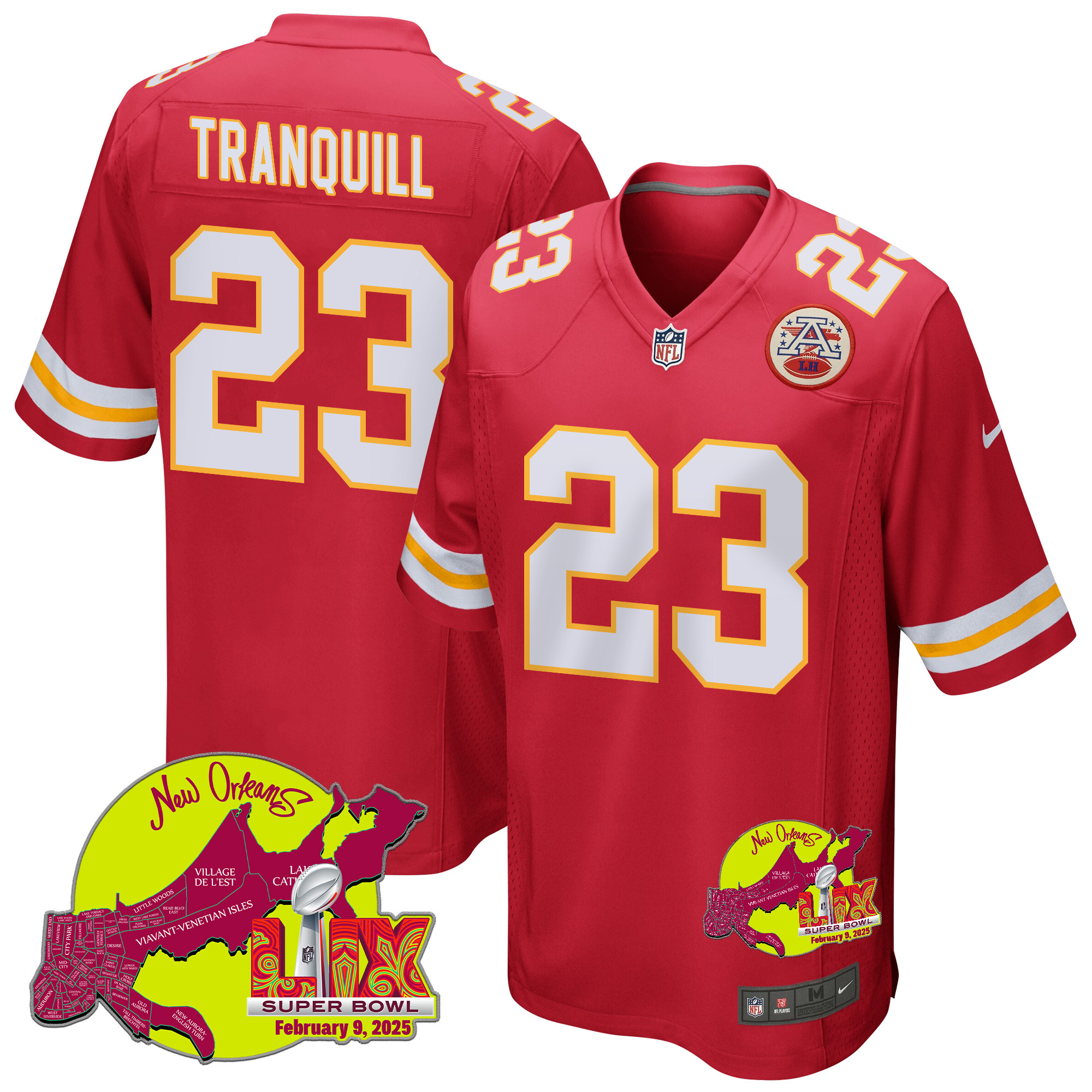 Drue Tranquill 23 Kansas City Chiefs Super Bowl LIX New Orleans Patch Game Men Jersey - Red JS9993 nicesnker