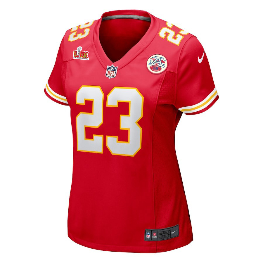 Alternative view of Drue Tranquill #23 Kansas City Chiefs Super Bowl LIX Women's Jersey - Red JS7421 nicesnker